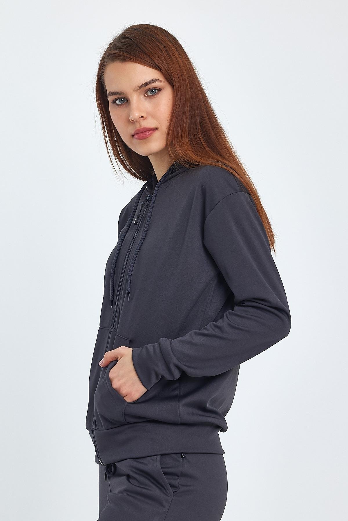 FİHA/5003-KADIN AKAT ŞARDONLU KAPŞ.FERMUARLI SWEAT - FÜME