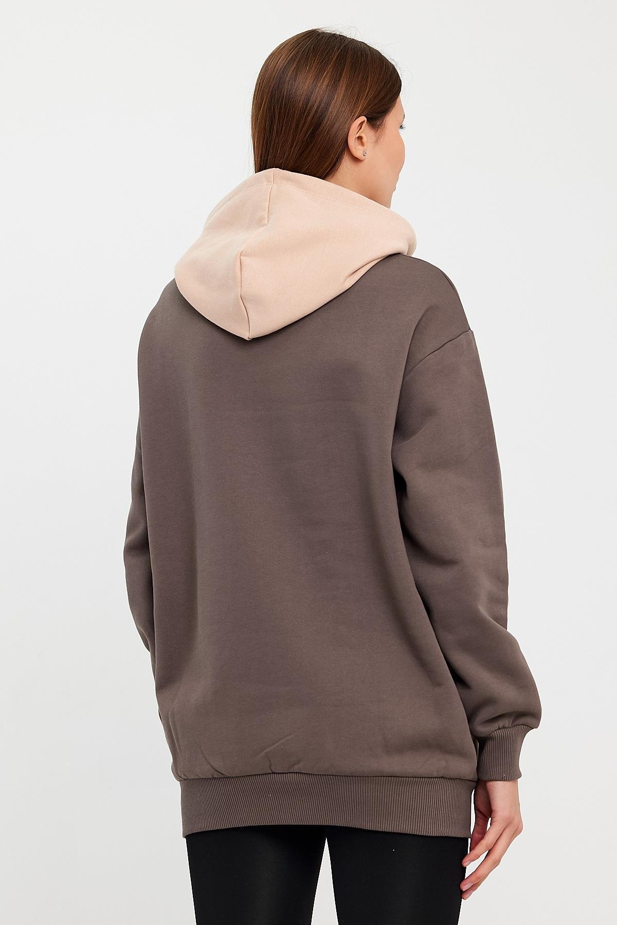 FİHA/5013-KADIN KAPŞONLU ÖN NAKIŞLI SWEAT - KAHVE