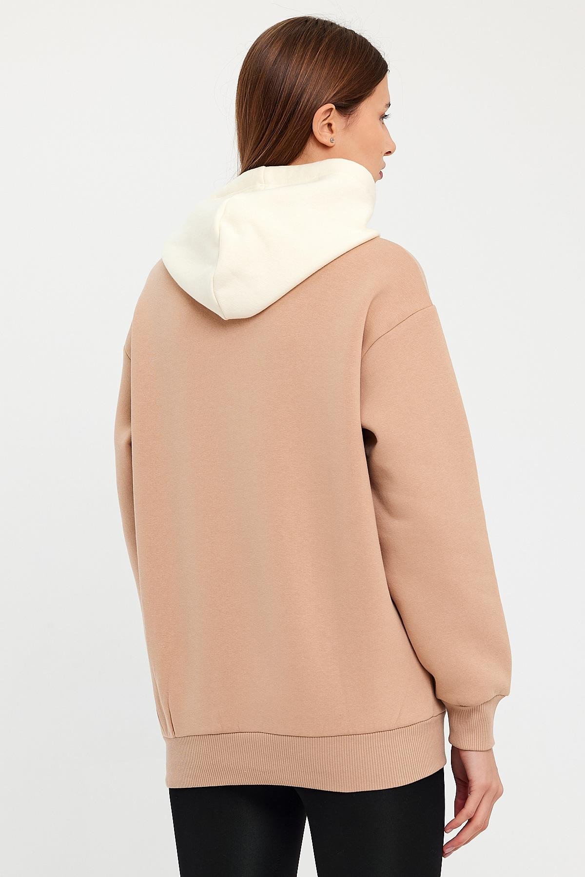 FİHA/5013-KADIN KAPŞONLU ÖN NAKIŞLI SWEAT - BEJ