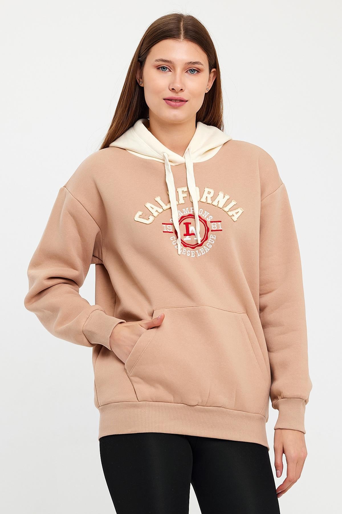 FİHA/5013-KADIN KAPŞONLU ÖN NAKIŞLI SWEAT - BEJ