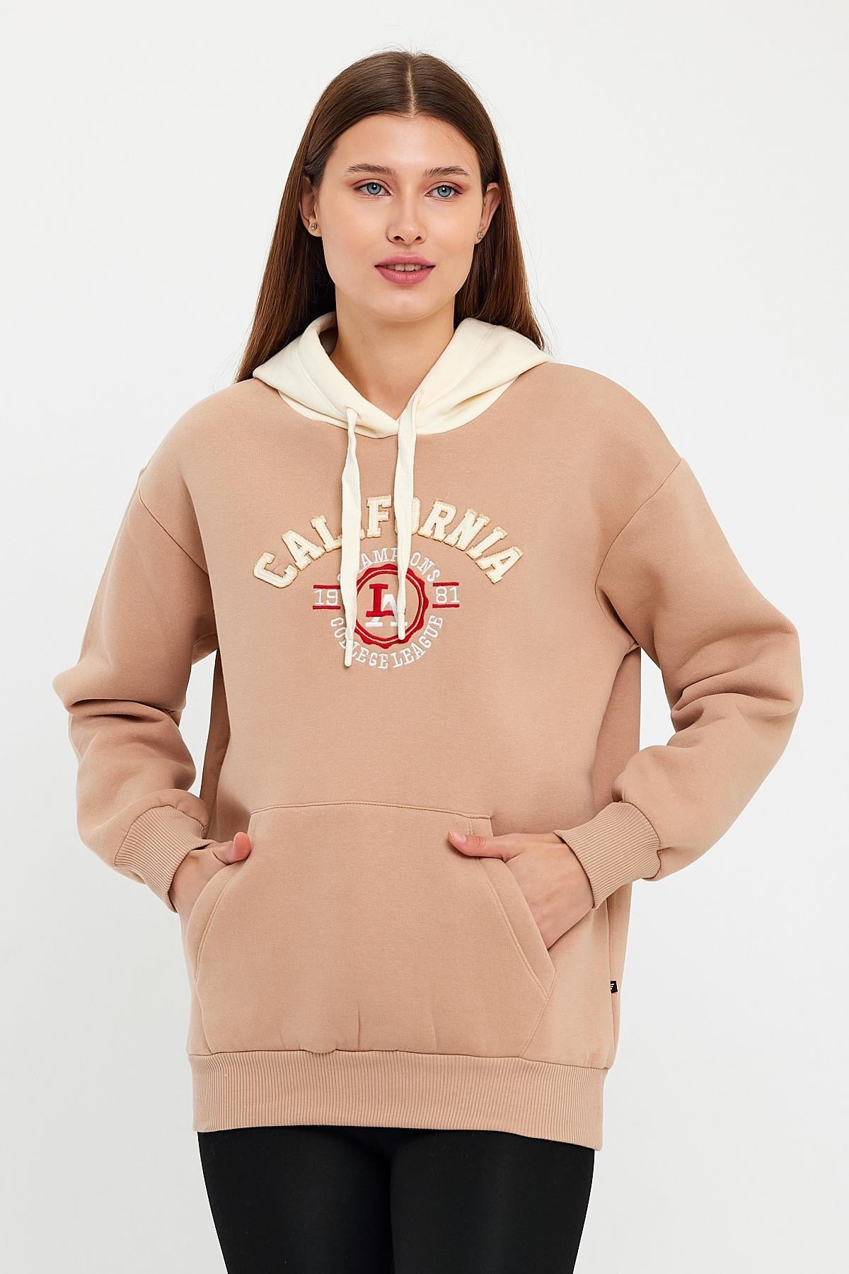 FİHA/5013-KADIN KAPŞONLU ÖN NAKIŞLI SWEAT - BEJ