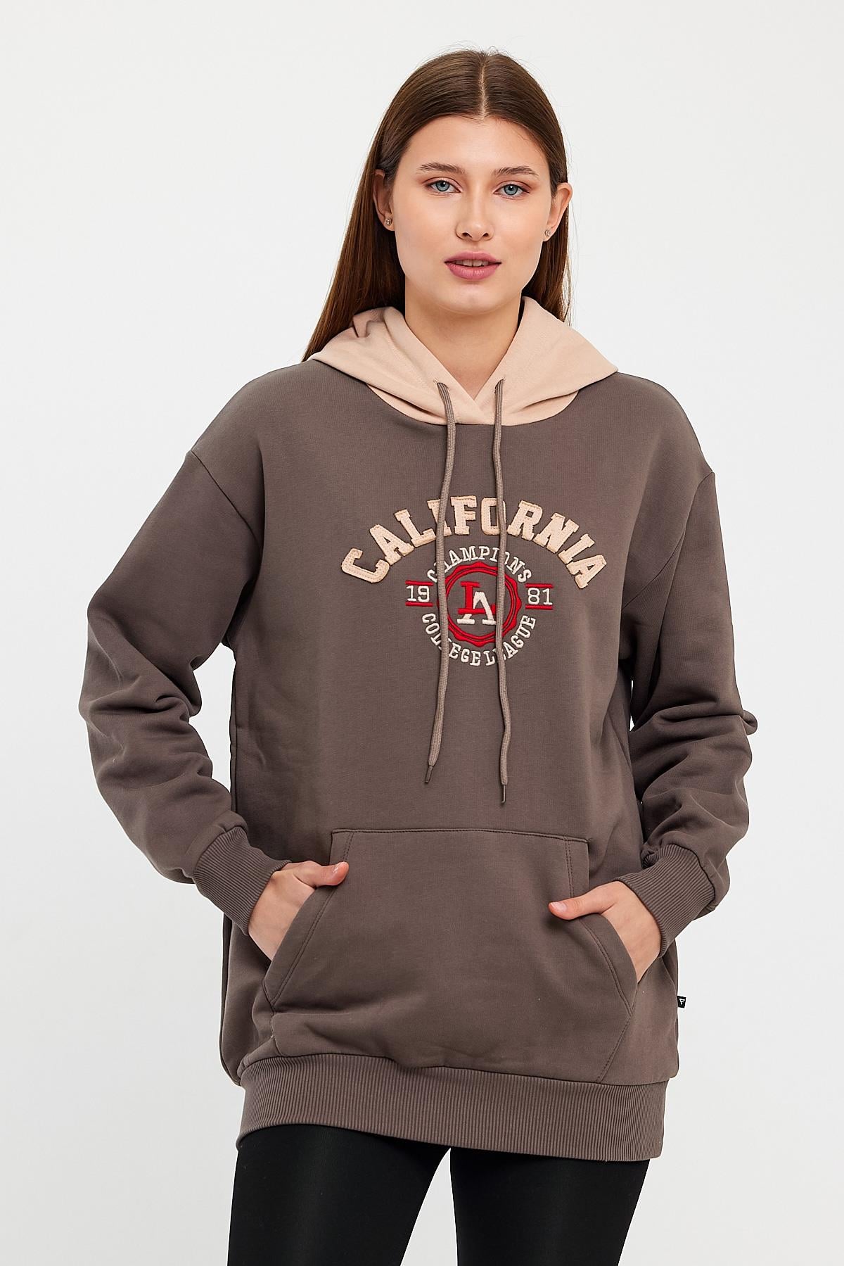 FİHA/5013-KADIN KAPŞONLU ÖN NAKIŞLI SWEAT - KAHVE