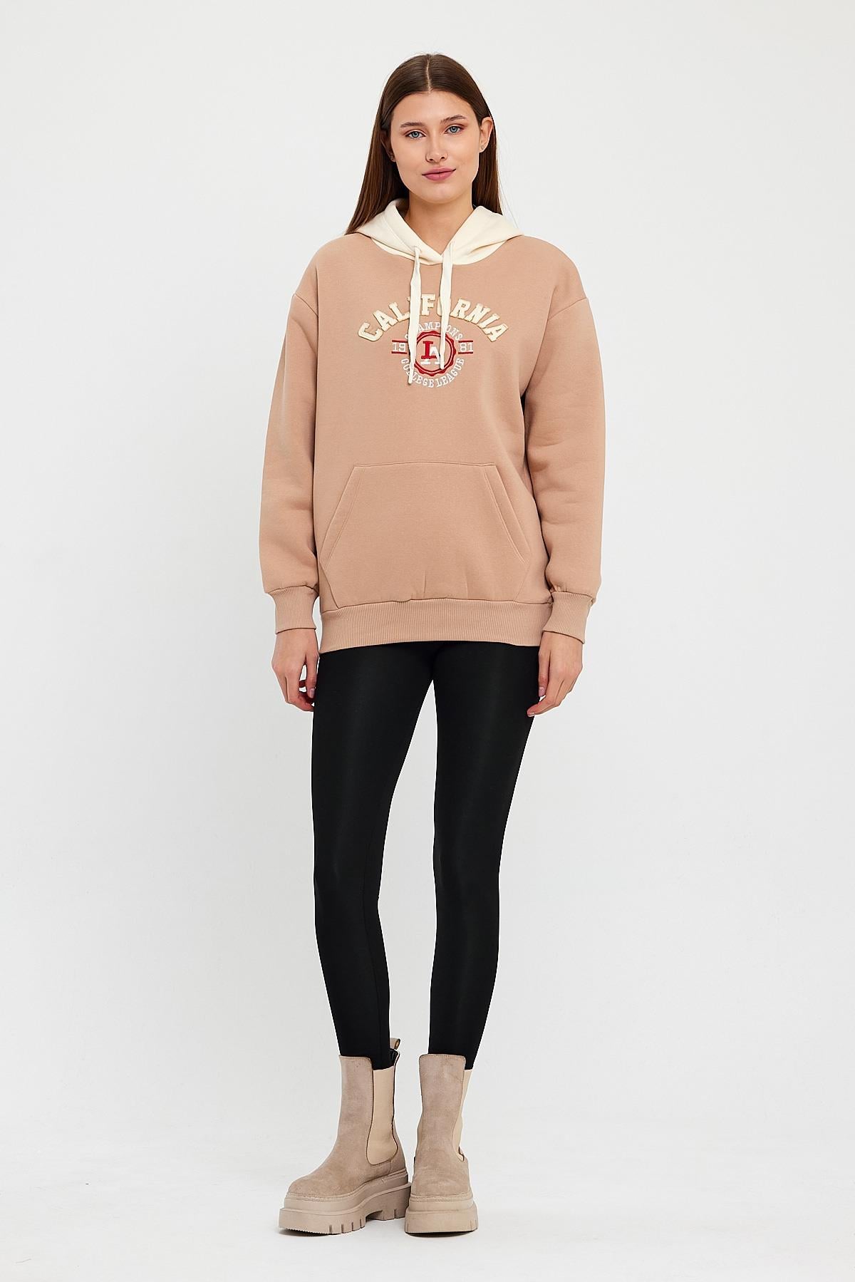 FİHA/5013-KADIN KAPŞONLU ÖN NAKIŞLI SWEAT - BEJ