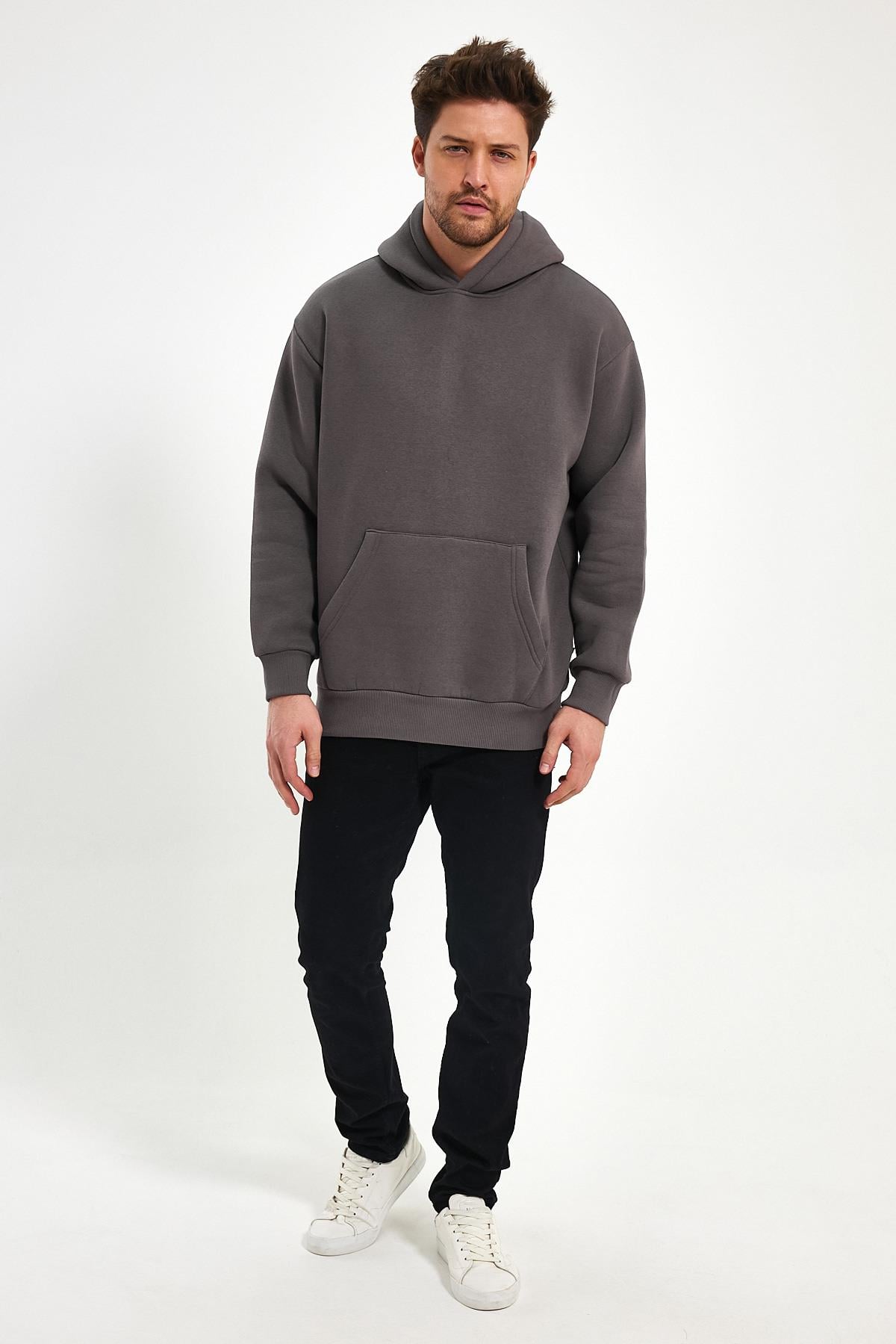 FİHA/5019-UNISEX 3 İPLİK ŞARDONLU KAPŞONLU SWEAT - DARK GULL GREY