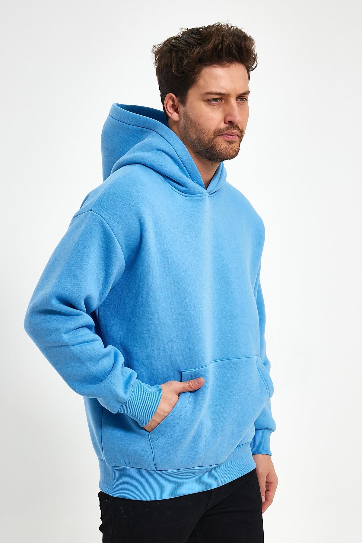 FİHA/5019-UNISEX 3 İPLİK ŞARDONLU KAPŞONLU SWEAT - LICHEN BLUE