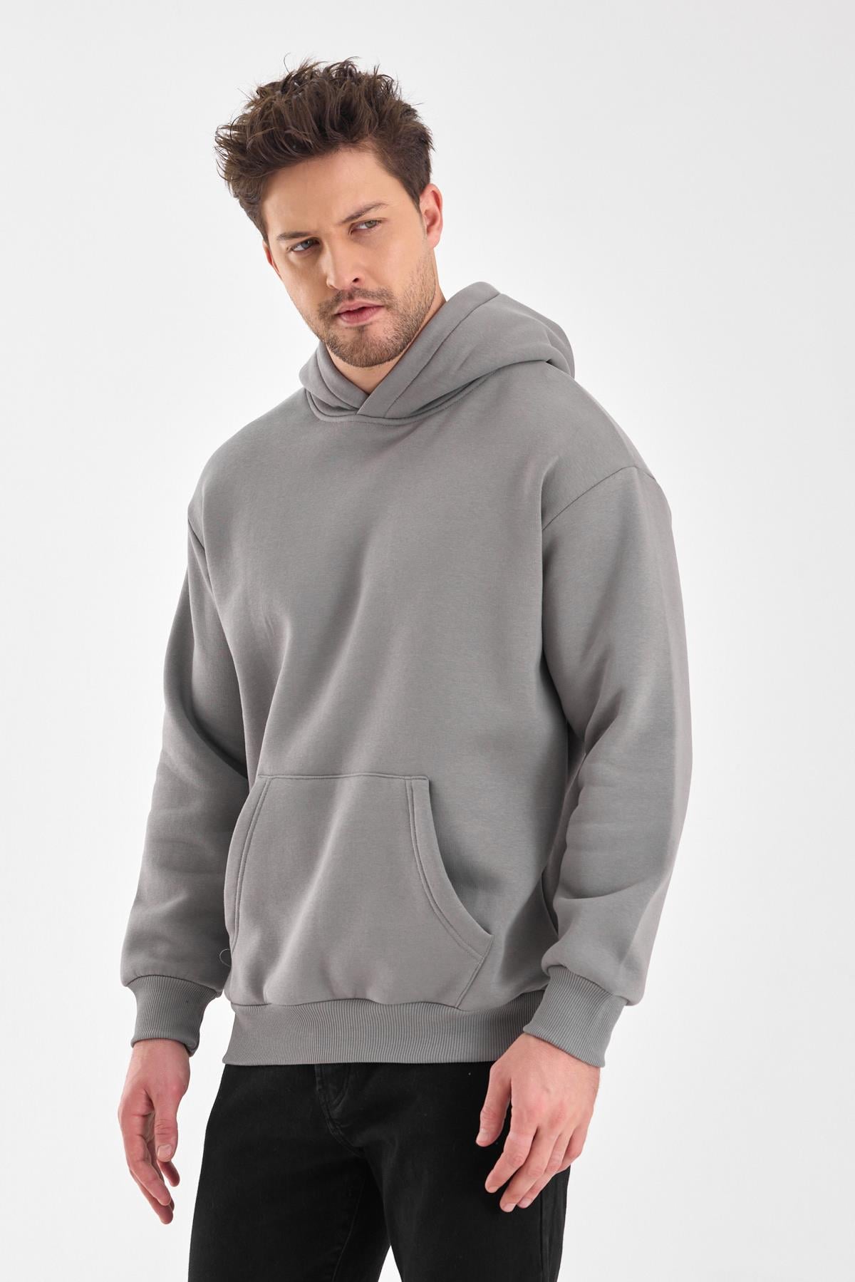 FİHA/5019-UNISEX 3 İPLİK ŞARDONLU KAPŞONLU SWEAT - GRİ