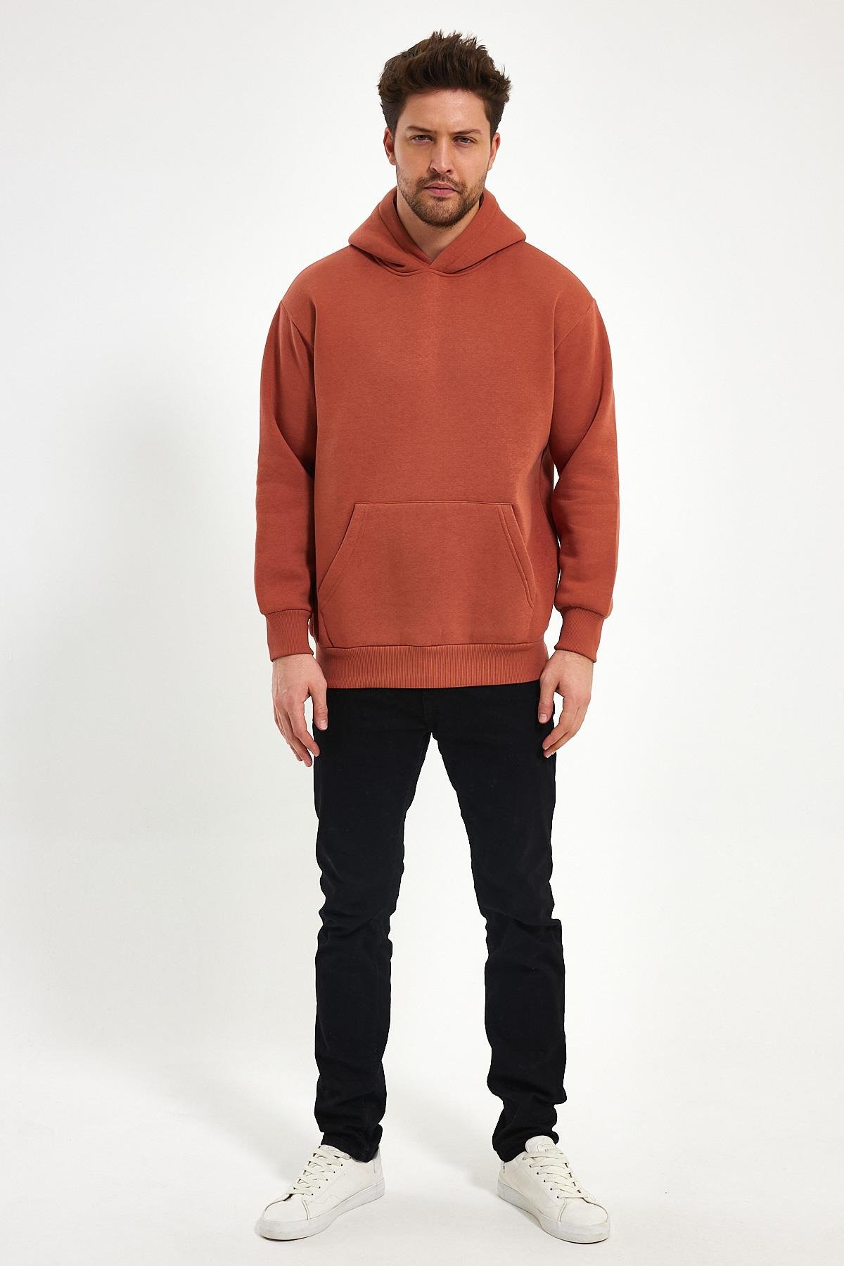 FİHA/5019-UNISEX 3 İPLİK ŞARDONLU KAPŞONLU SWEAT - COPPER BROWN