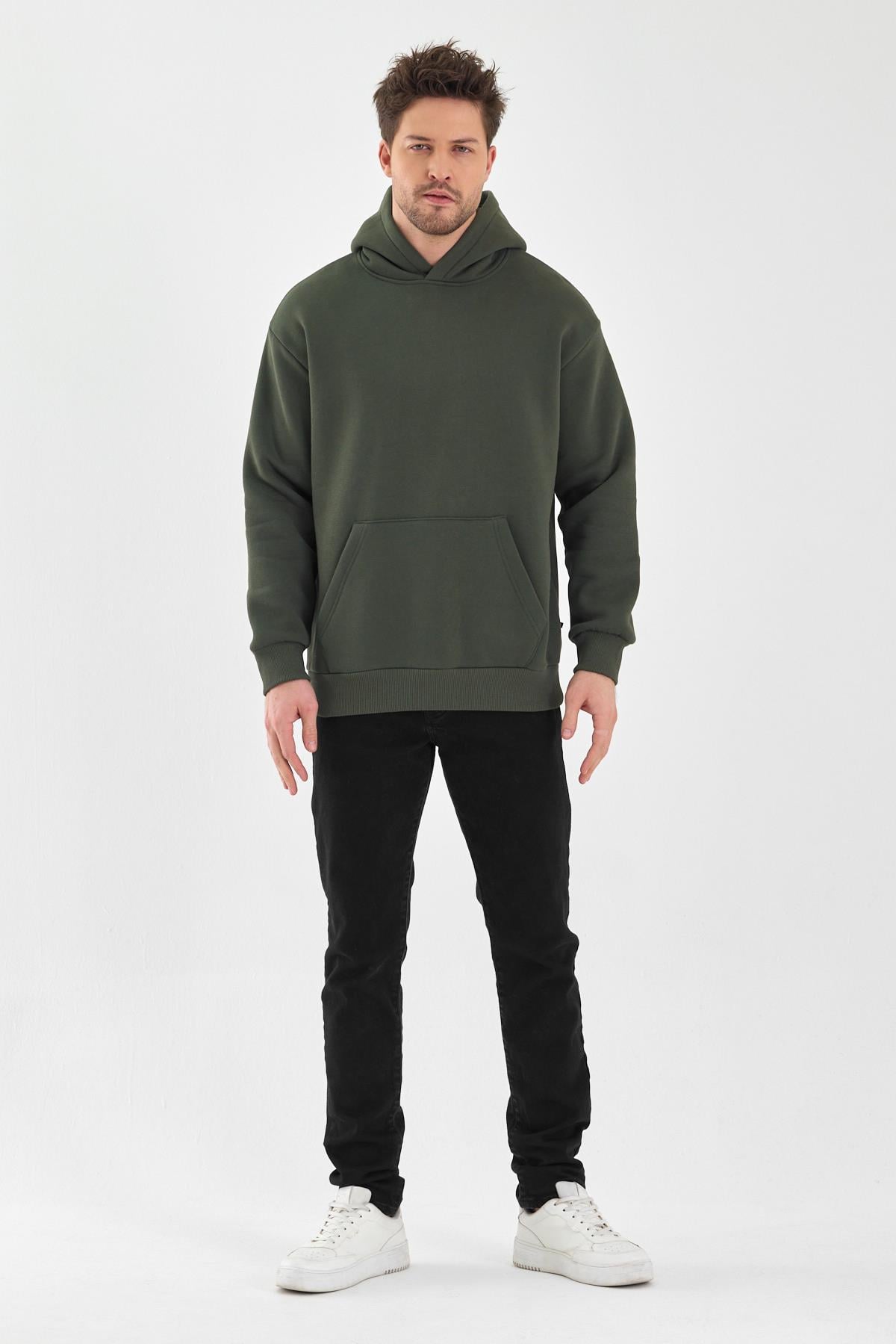 FİHA/5019-UNISEX 3 İPLİK ŞARDONLU KAPŞONLU SWEAT - HAKİ