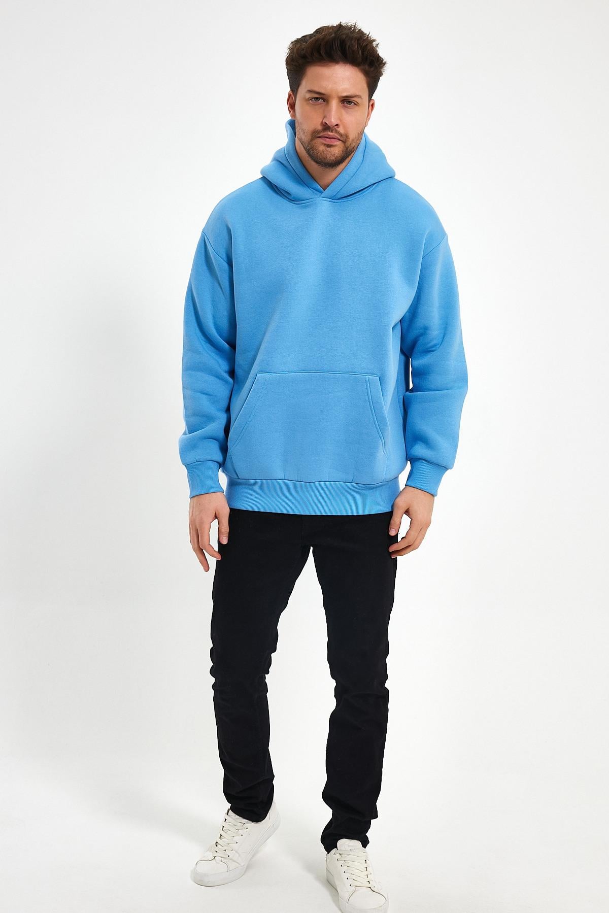 FİHA/5019-UNISEX 3 İPLİK ŞARDONLU KAPŞONLU SWEAT - LICHEN BLUE