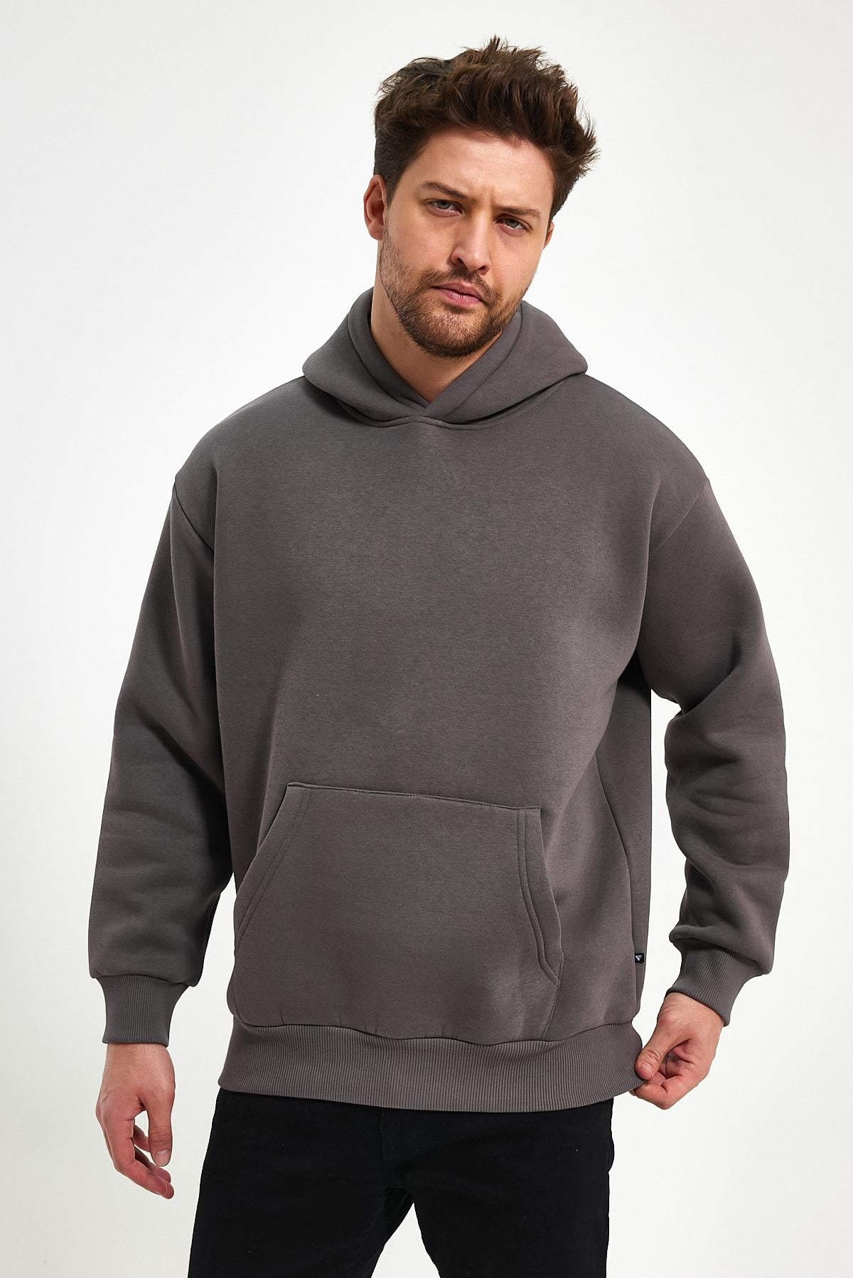 FİHA/5019-UNISEX 3 İPLİK ŞARDONLU KAPŞONLU SWEAT - DARK GULL GREY