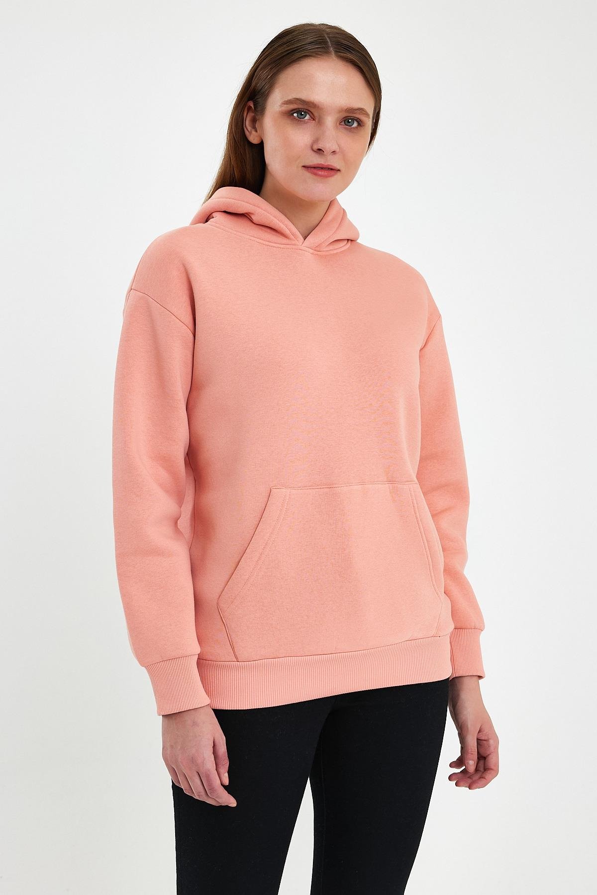 FİHA/5019-UNISEX 3 İPLİK ŞARDONLU KAPŞONLU SWEAT - APRICOT CRUSH