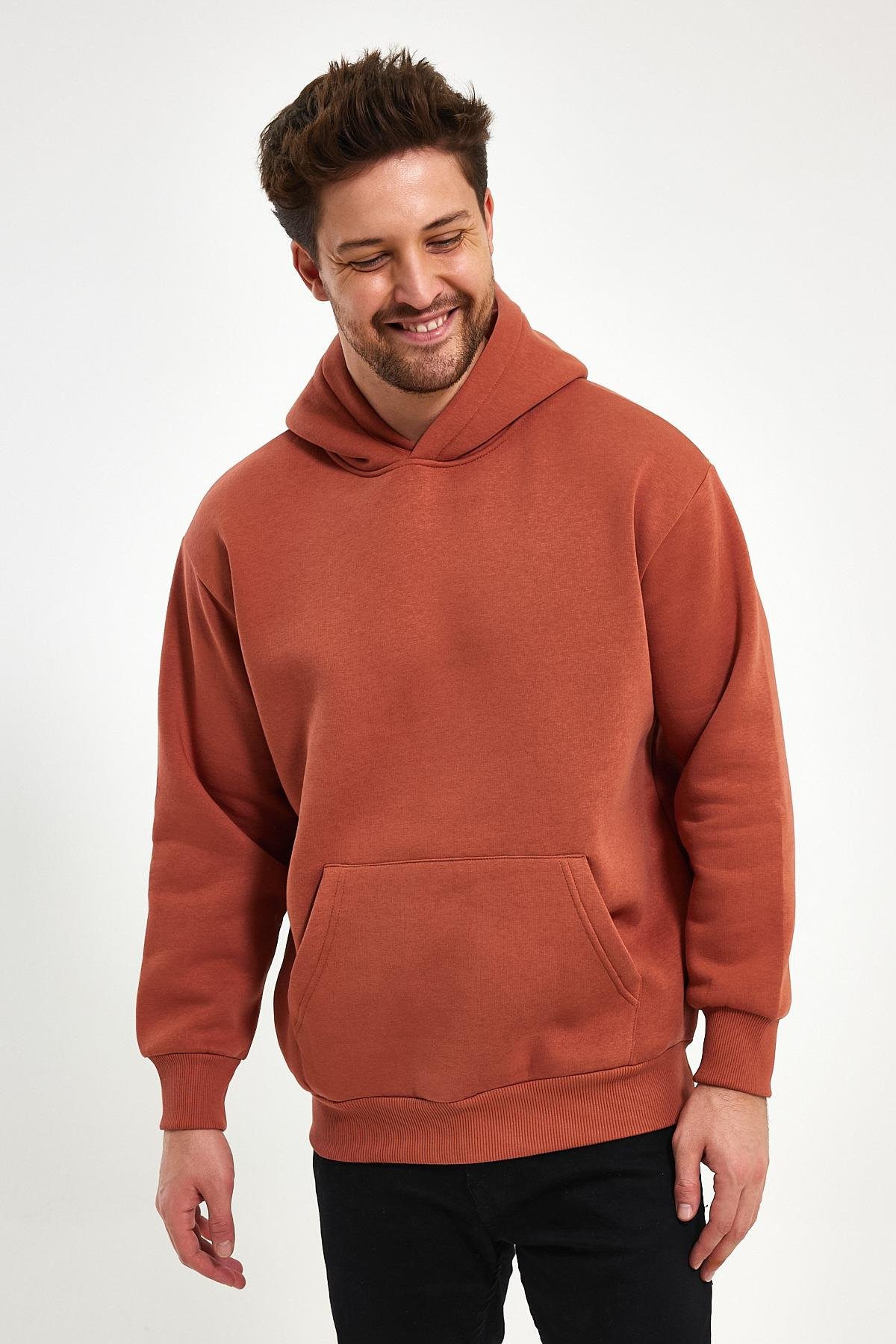 FİHA/5019-UNISEX 3 İPLİK ŞARDONLU KAPŞONLU SWEAT - COPPER BROWN