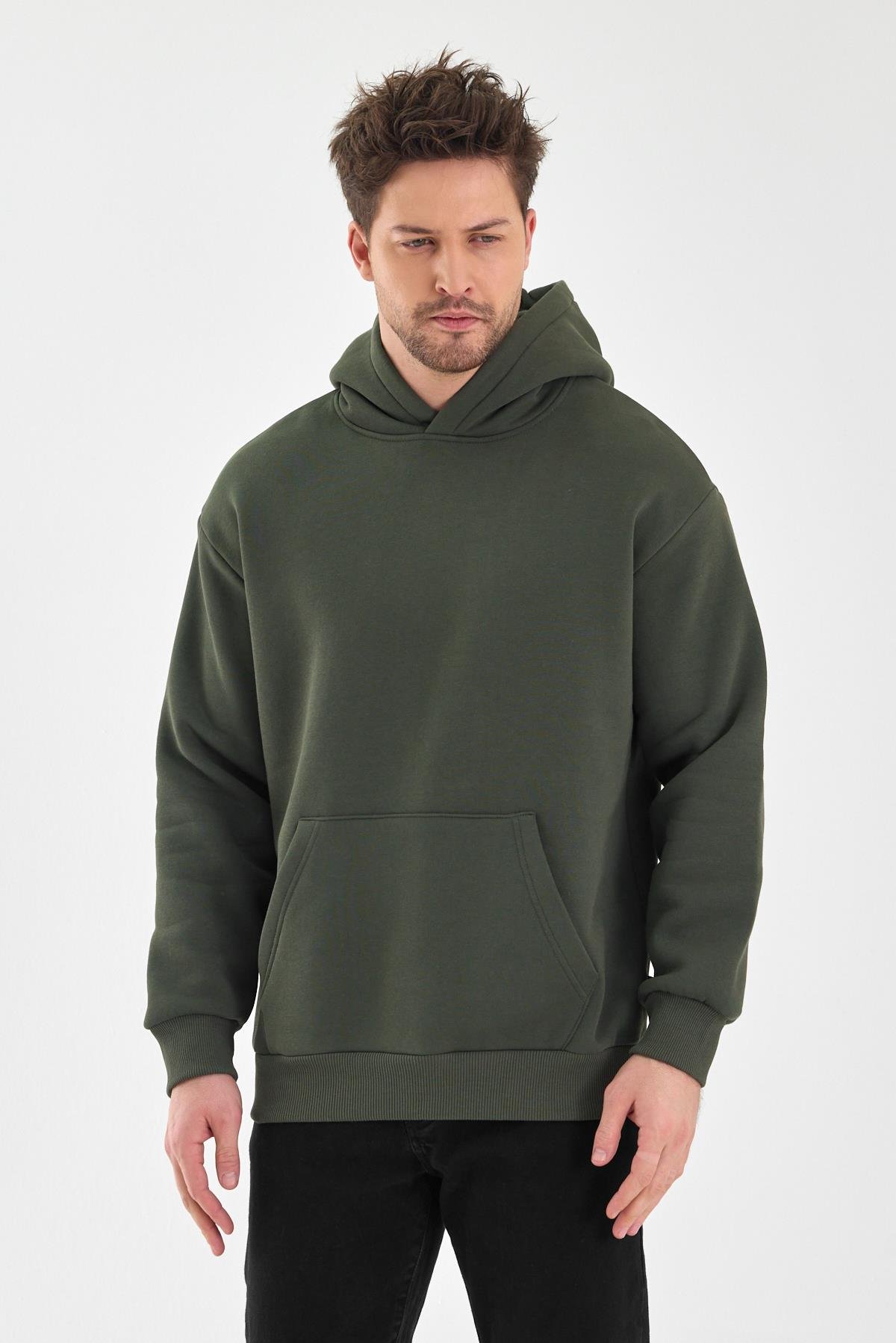 FİHA/5019-UNISEX 3 İPLİK ŞARDONLU KAPŞONLU SWEAT - HAKİ
