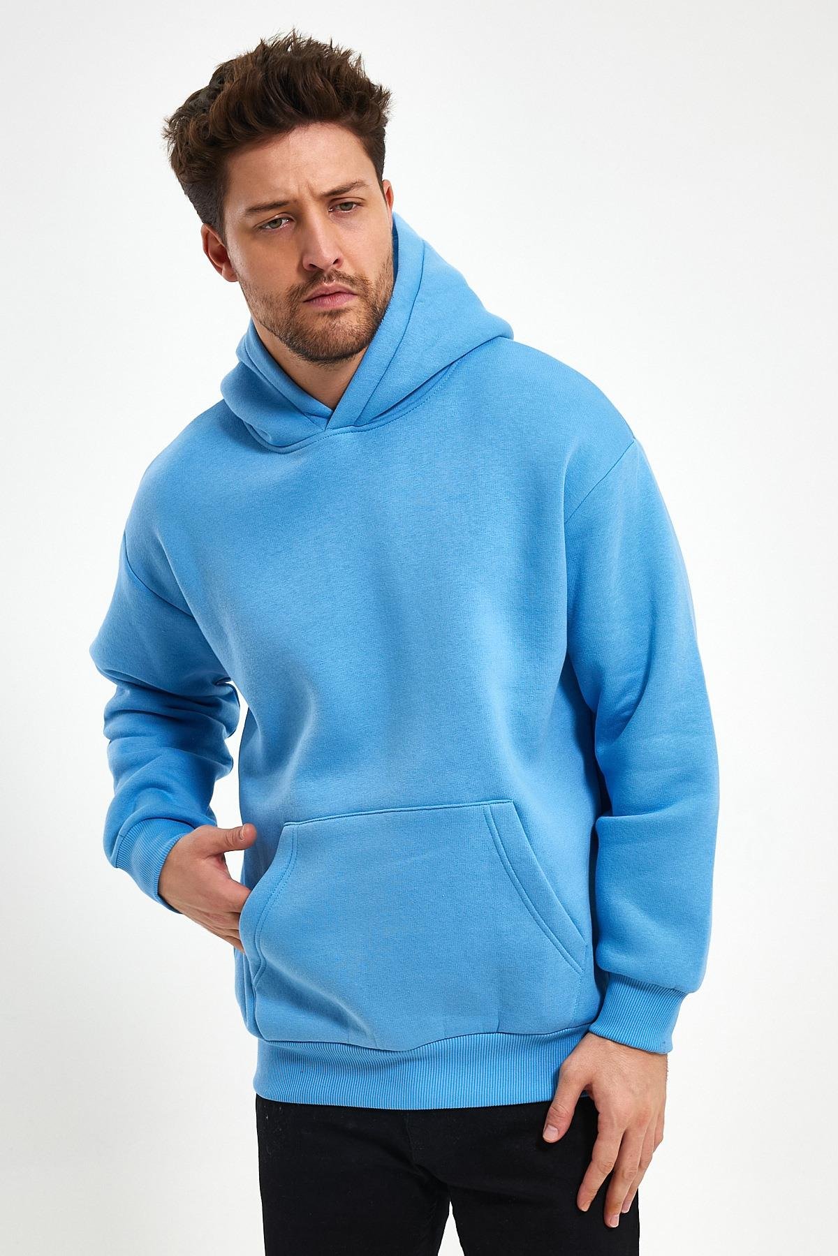 FİHA/5019-UNISEX 3 İPLİK ŞARDONLU KAPŞONLU SWEAT - LICHEN BLUE