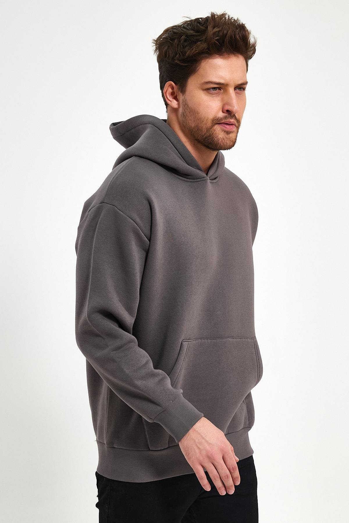 FİHA/5019-UNISEX 3 İPLİK ŞARDONLU KAPŞONLU SWEAT - DARK GULL GREY