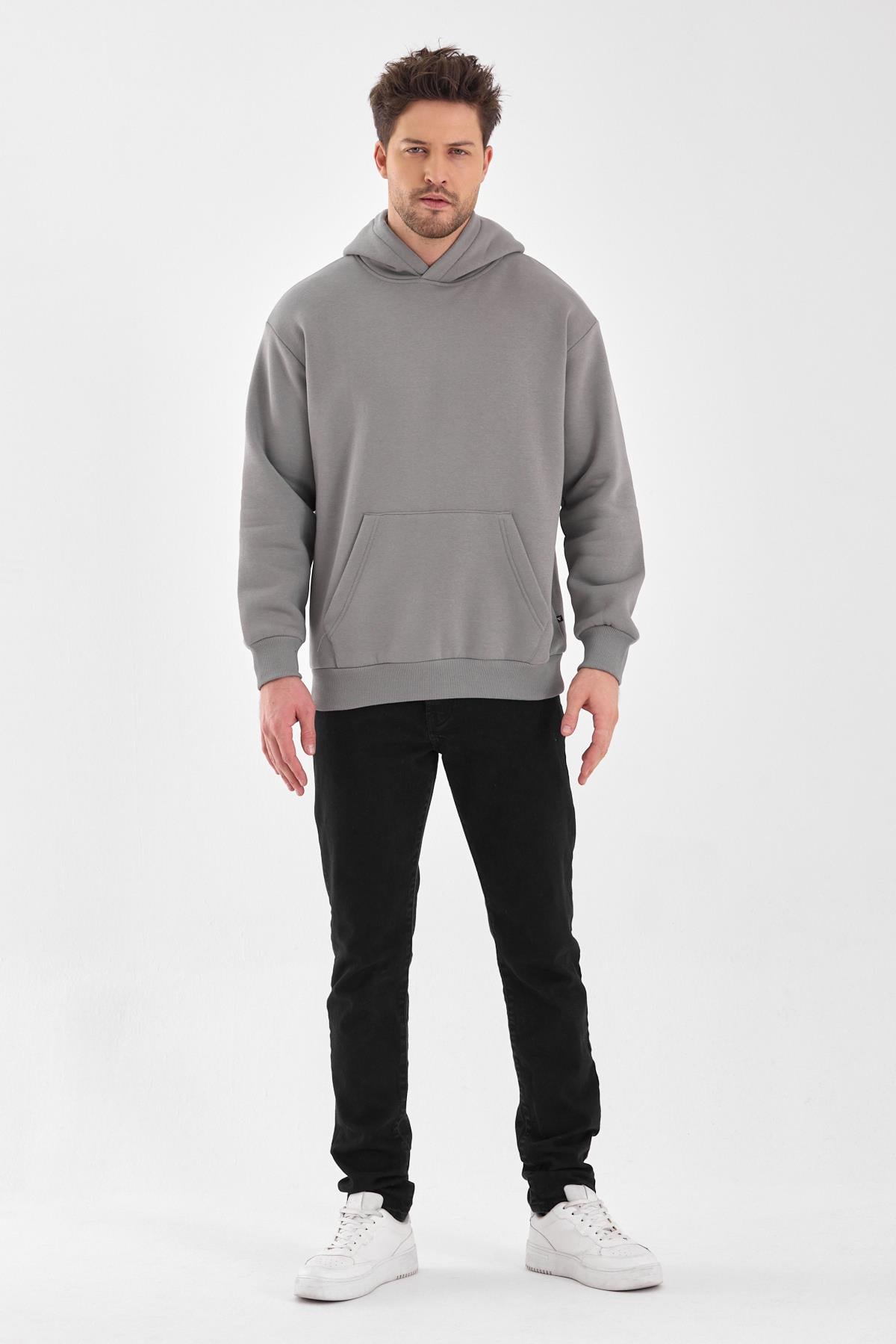 FİHA/5019-UNISEX 3 İPLİK ŞARDONLU KAPŞONLU SWEAT - GRİ