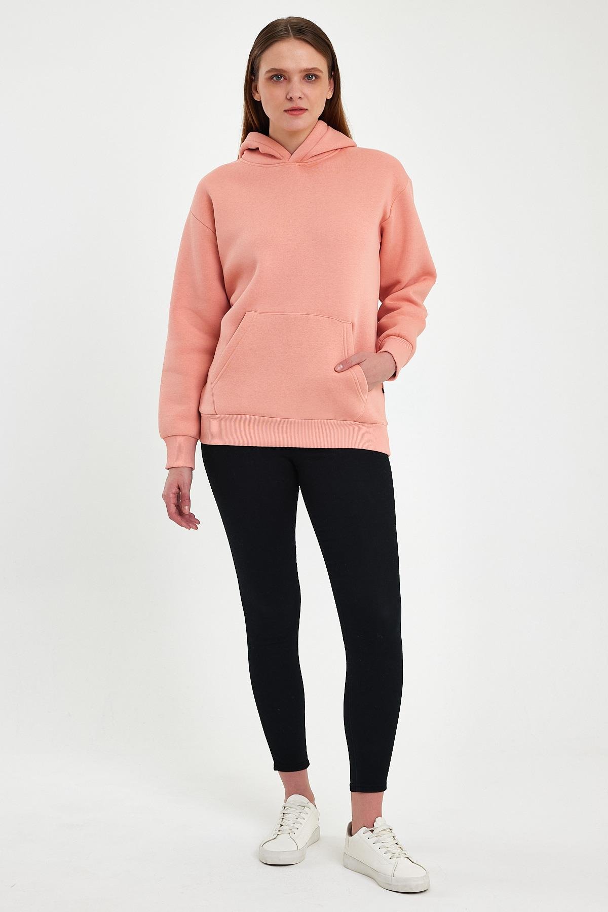FİHA/5019-UNISEX 3 İPLİK ŞARDONLU KAPŞONLU SWEAT - APRICOT CRUSH