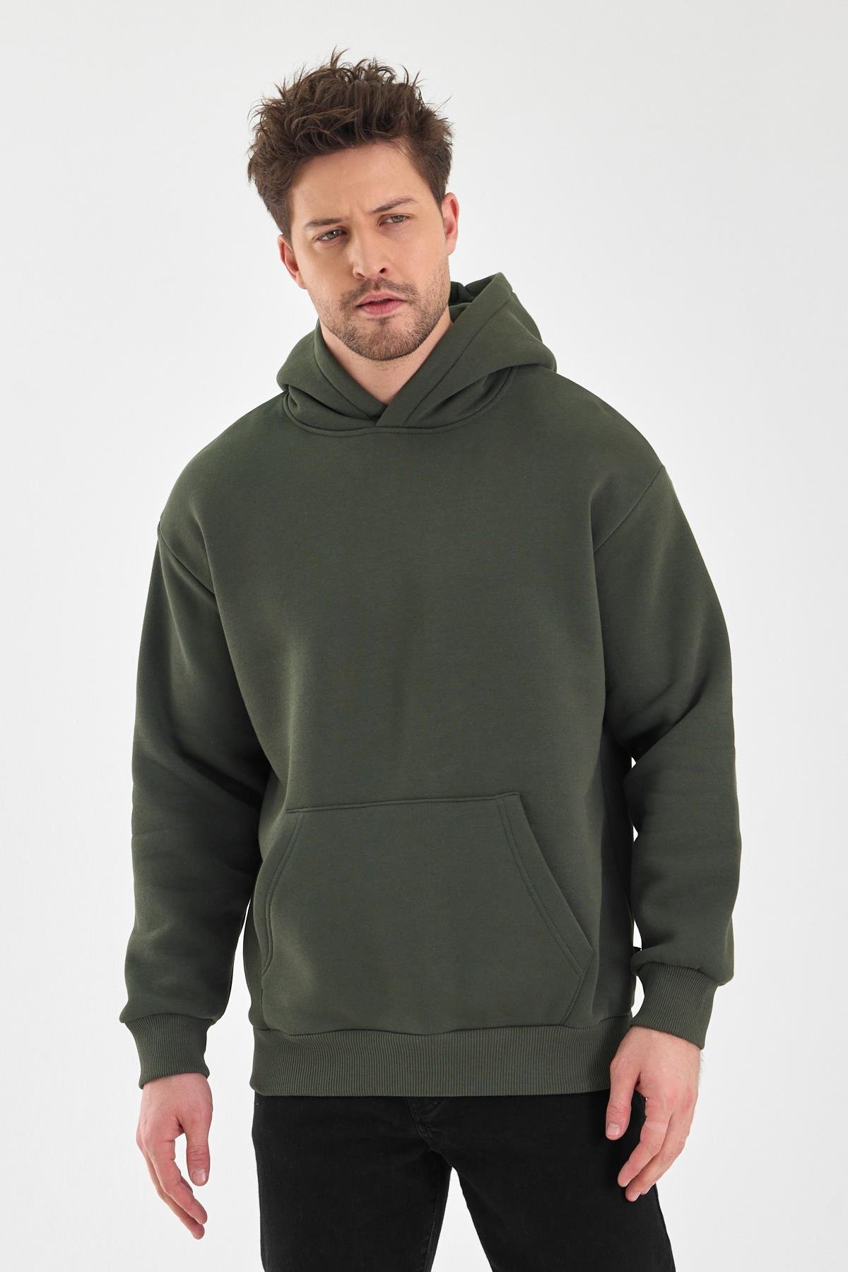 FİHA/5019-UNISEX 3 İPLİK ŞARDONLU KAPŞONLU SWEAT - HAKİ
