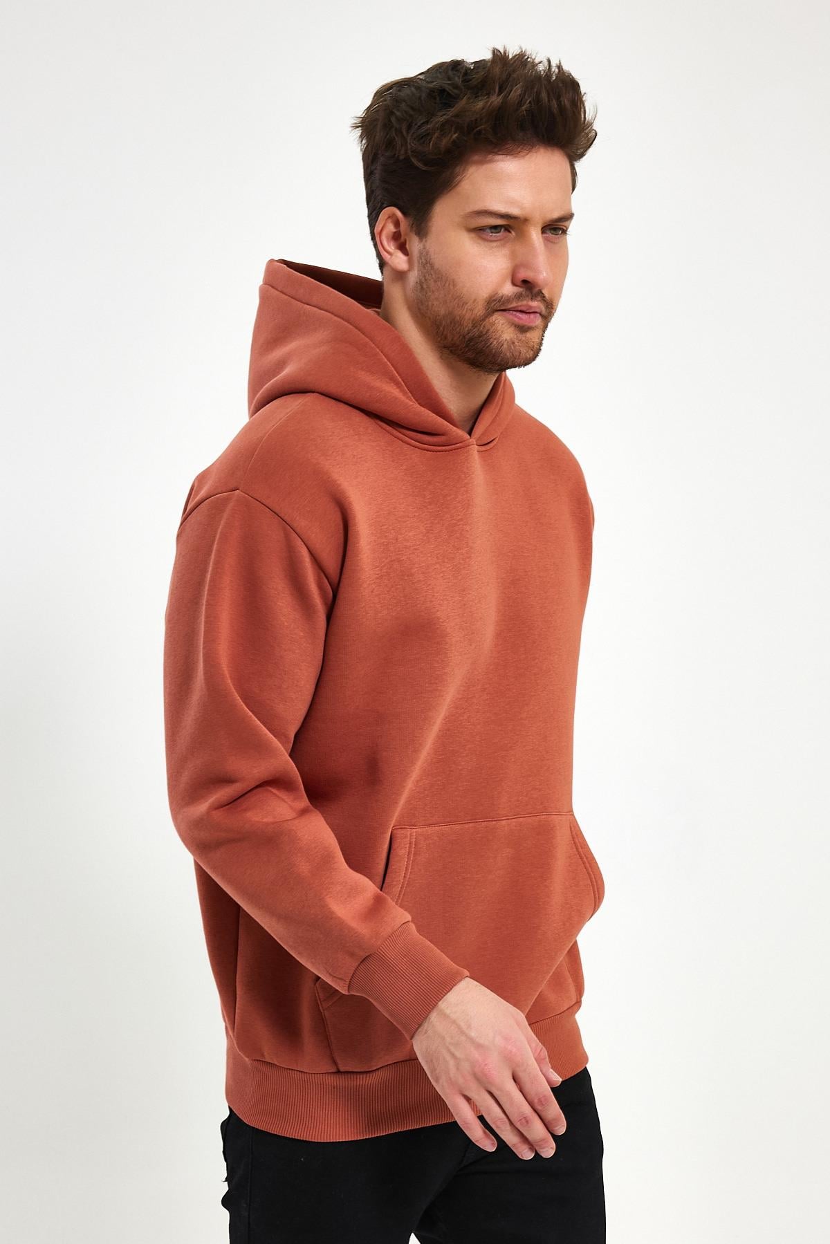 FİHA/5019-UNISEX 3 İPLİK ŞARDONLU KAPŞONLU SWEAT - COPPER BROWN