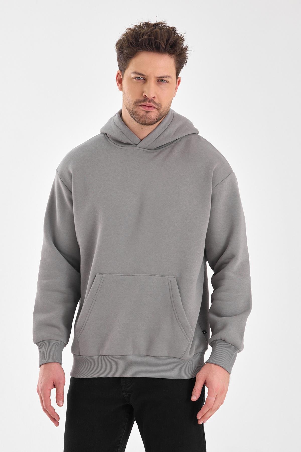 FİHA/5019-UNISEX 3 İPLİK ŞARDONLU KAPŞONLU SWEAT - GRİ