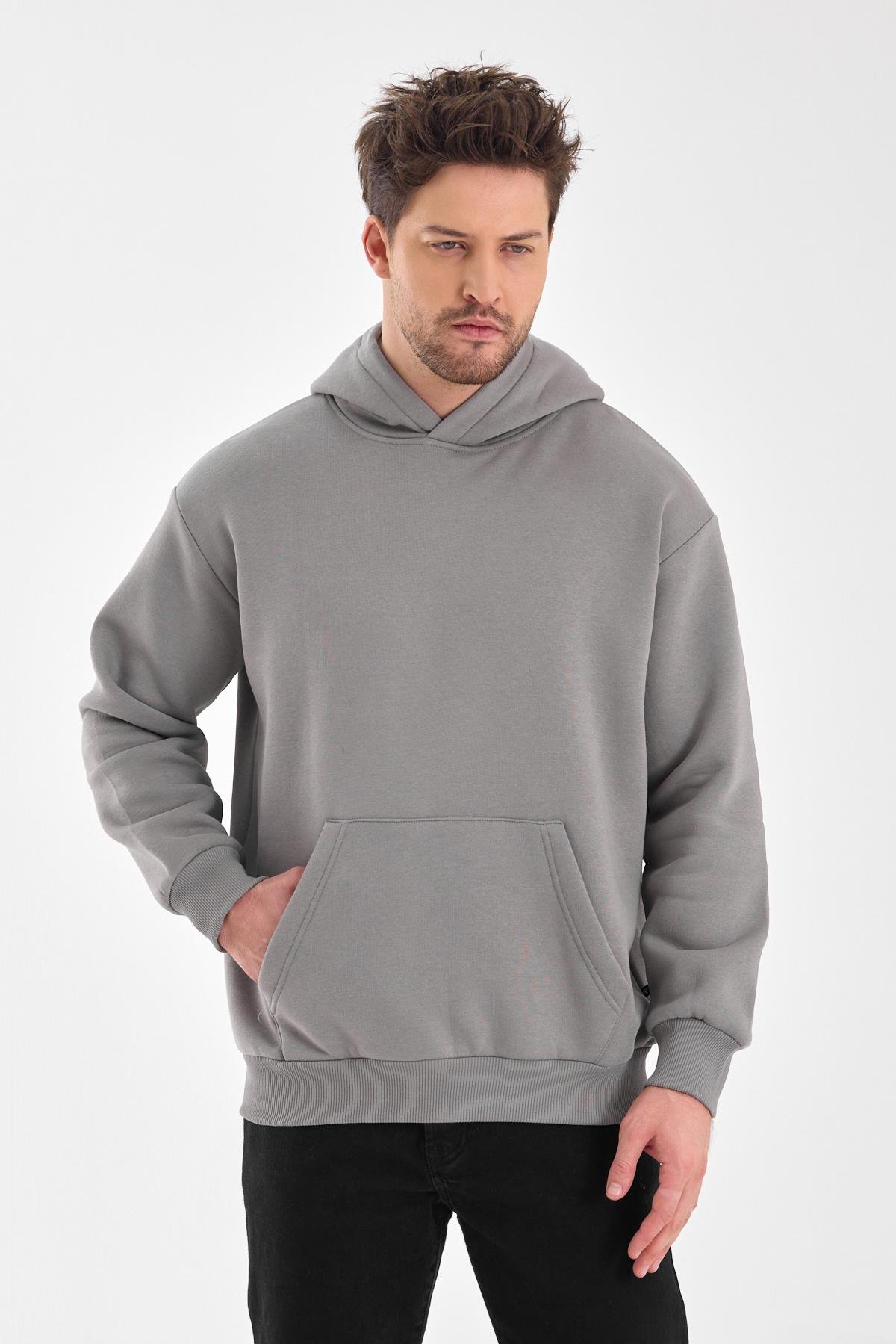 FİHA/5019-UNISEX 3 İPLİK ŞARDONLU KAPŞONLU SWEAT - GRİ