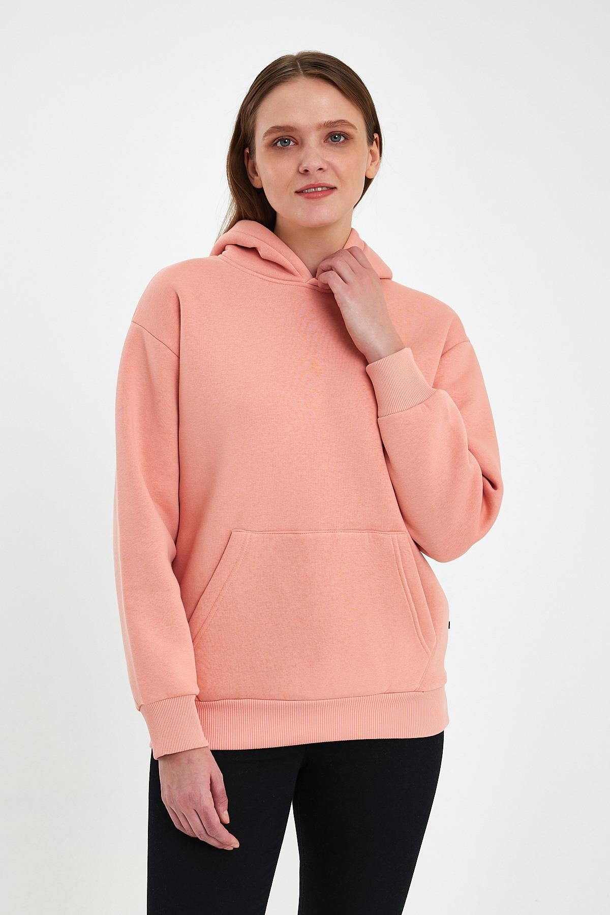 FİHA/5019-UNISEX 3 İPLİK ŞARDONLU KAPŞONLU SWEAT - APRICOT CRUSH