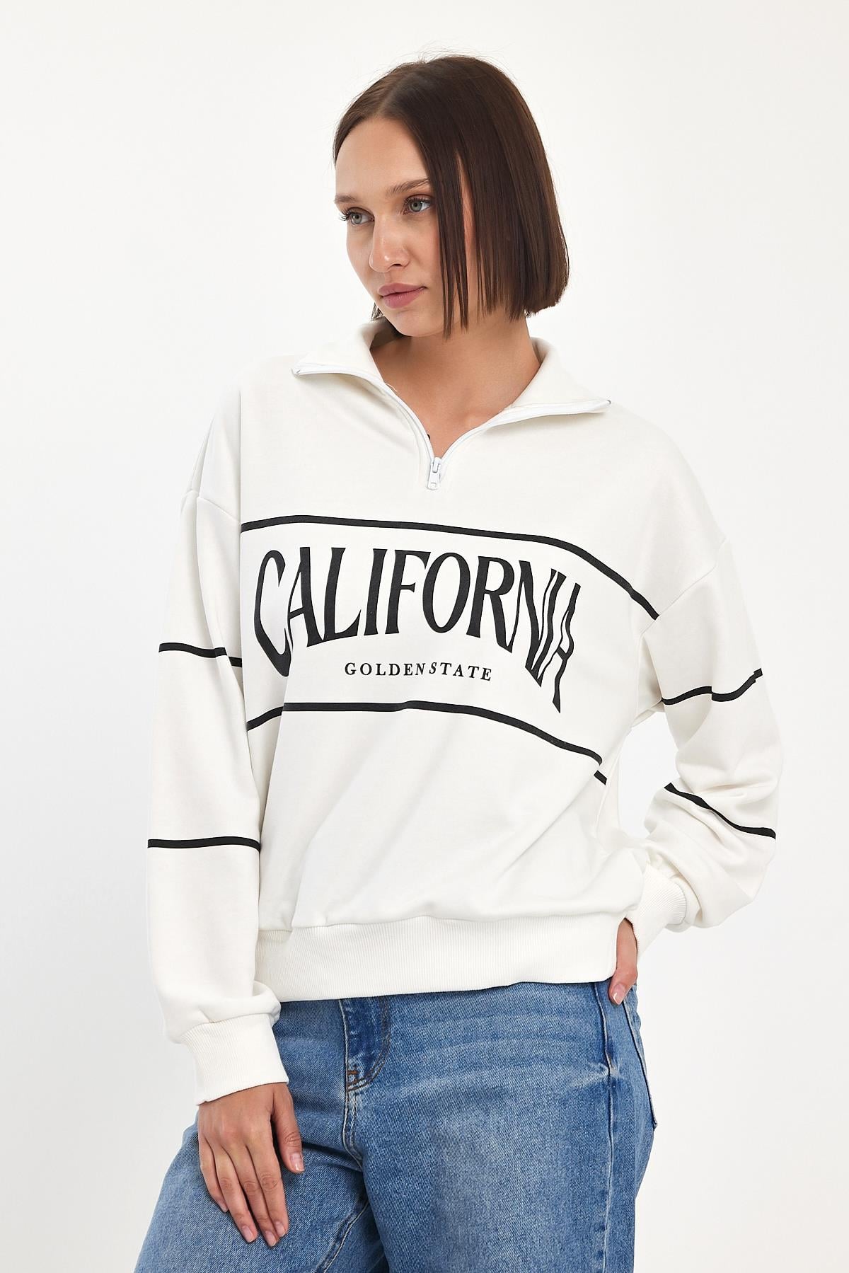 FİHA/5025-KADIN DİK YAKA YARIM FERMUARLI SWEAT - OFF WHITE