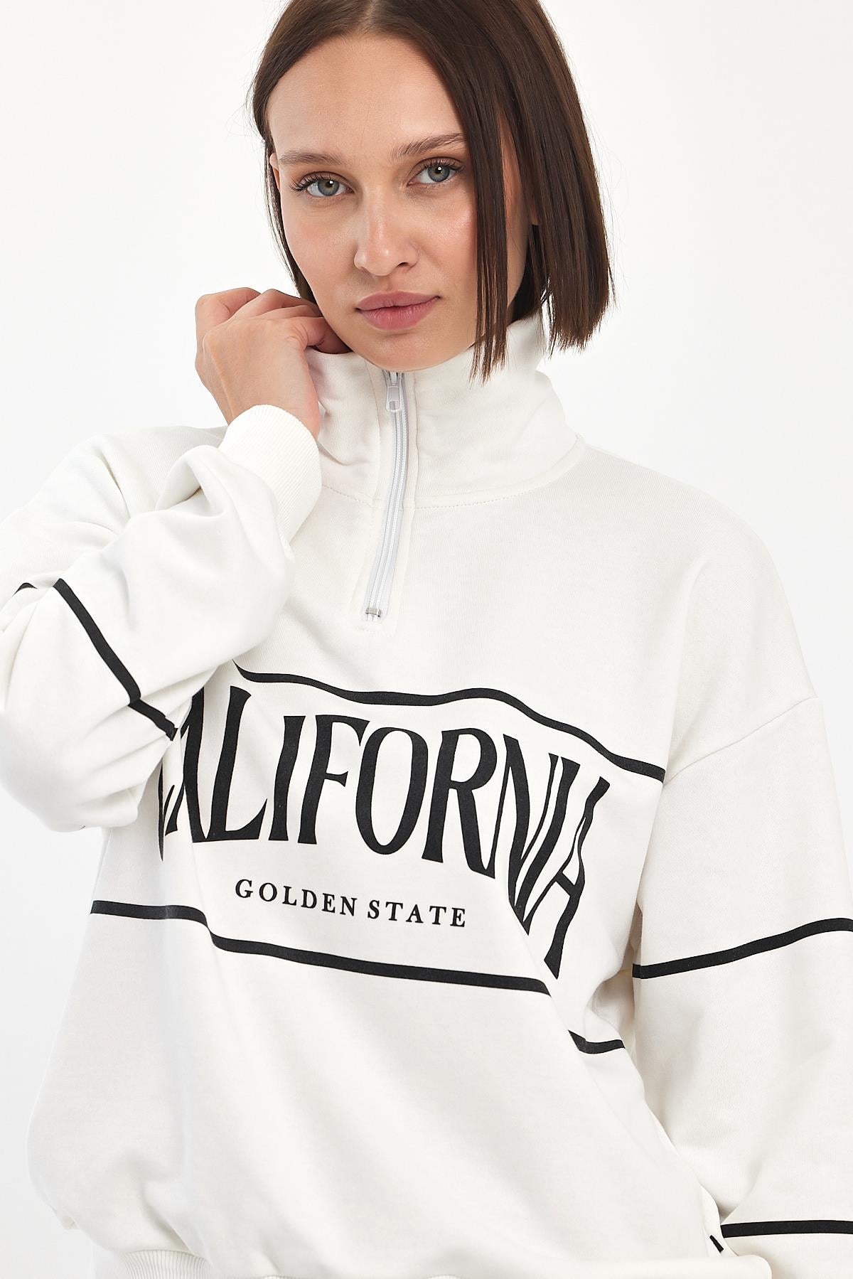 FİHA/5025-KADIN DİK YAKA YARIM FERMUARLI SWEAT - OFF WHITE