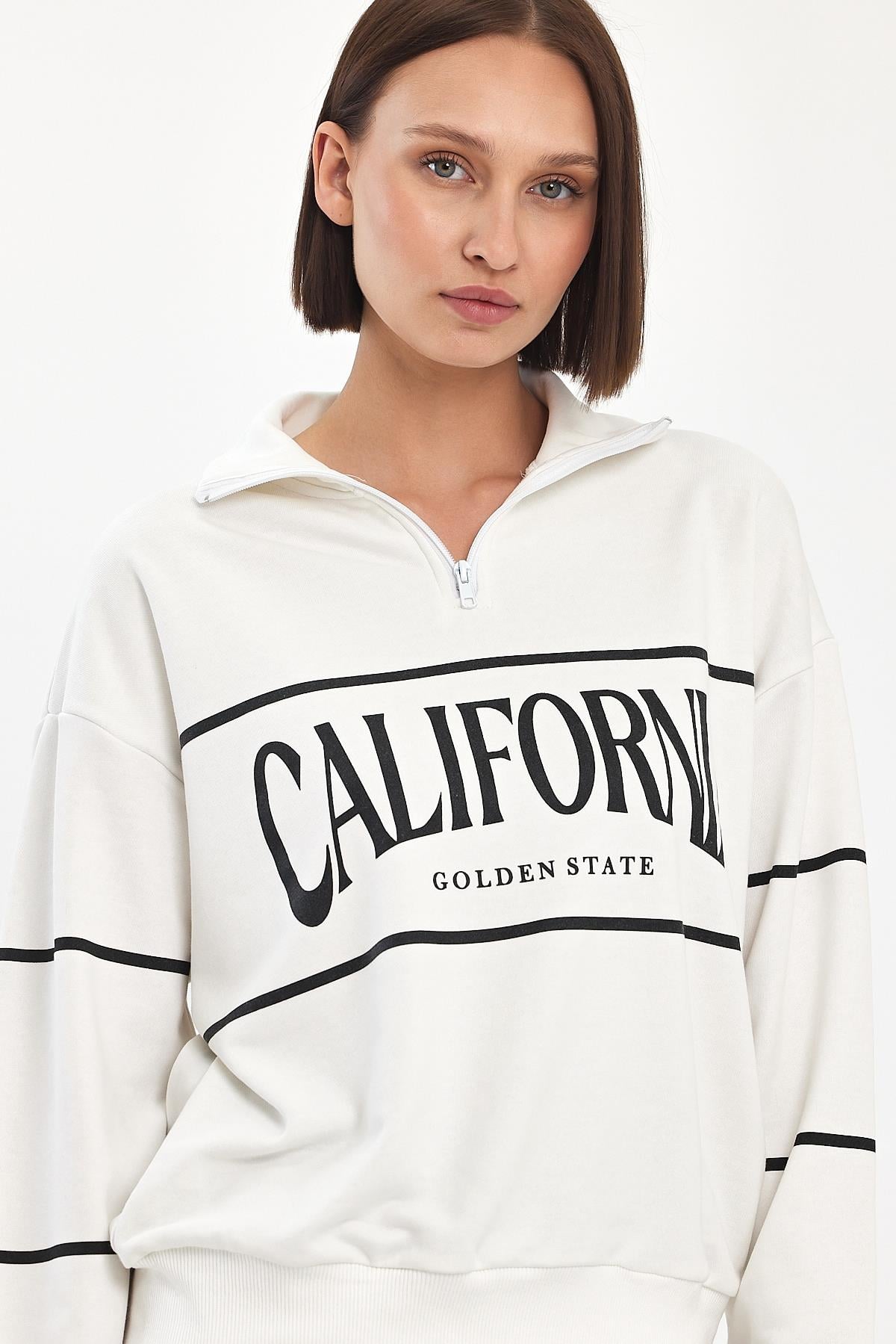 FİHA/5025-KADIN DİK YAKA YARIM FERMUARLI SWEAT - OFF WHITE