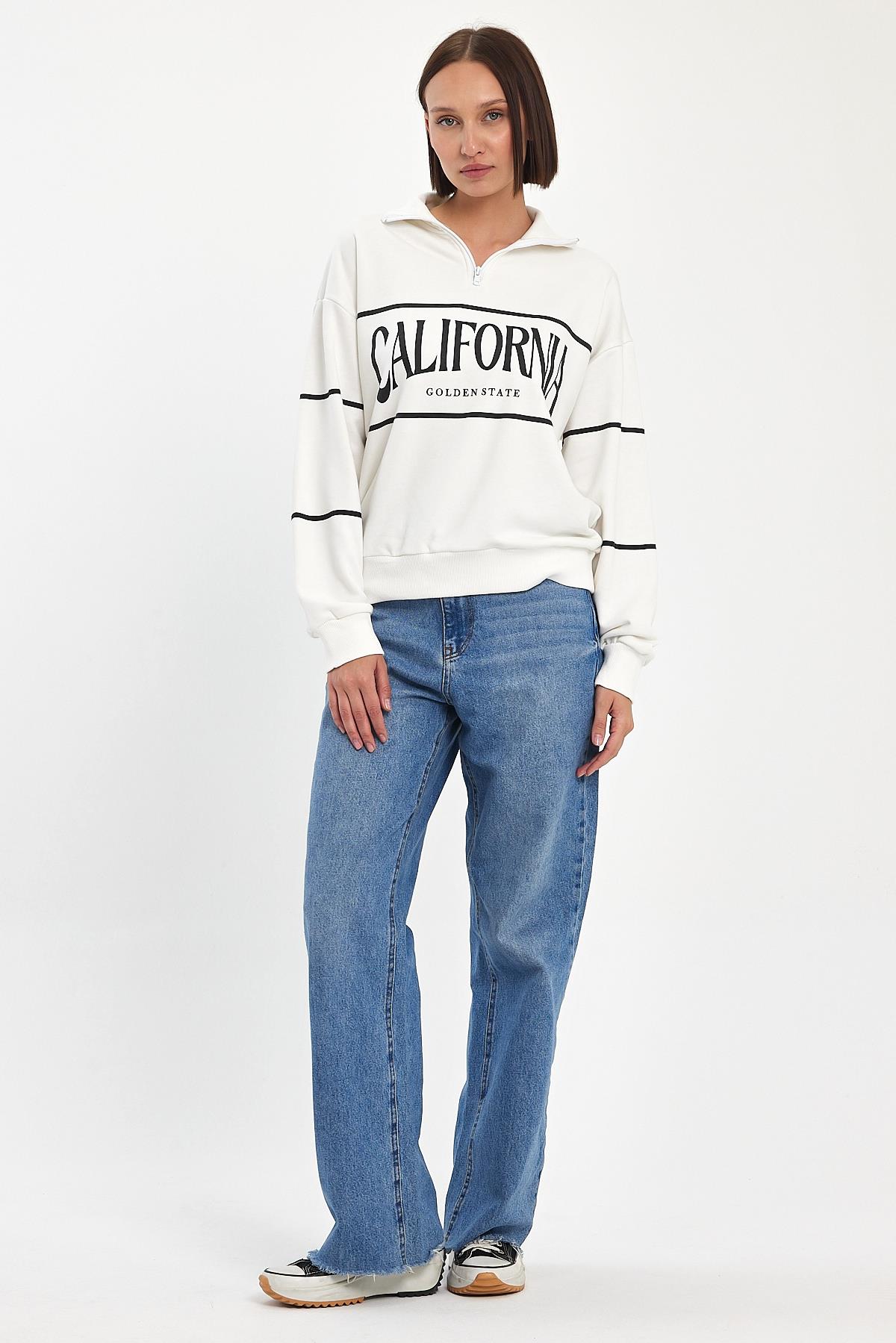 FİHA/5025-KADIN DİK YAKA YARIM FERMUARLI SWEAT - OFF WHITE