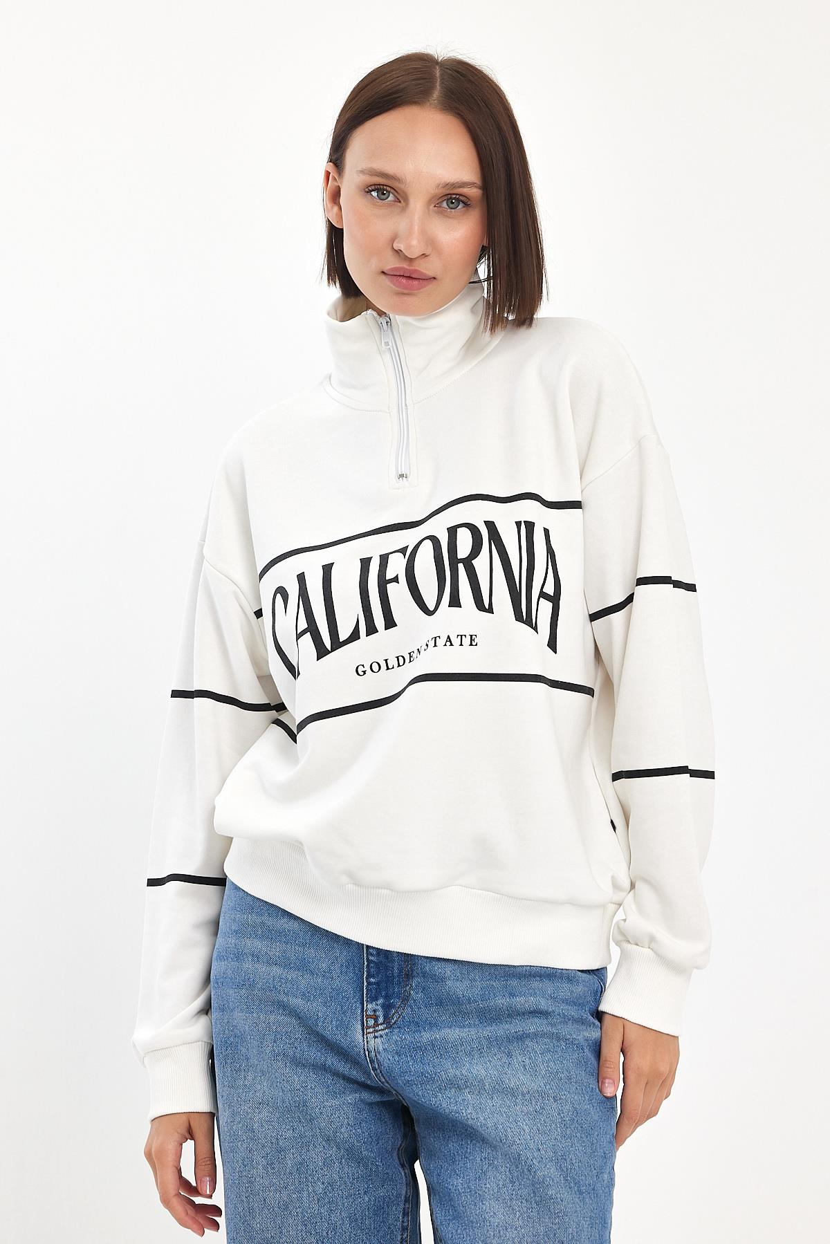 FİHA/5025-KADIN DİK YAKA YARIM FERMUARLI SWEAT - OFF WHITE