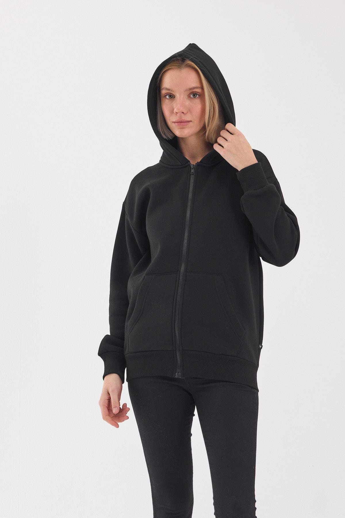 FİHA/5026-UNISEX ŞARDONLU OVERSIZE FERMUARLI KAPŞONLU SWEAT - SİYAH