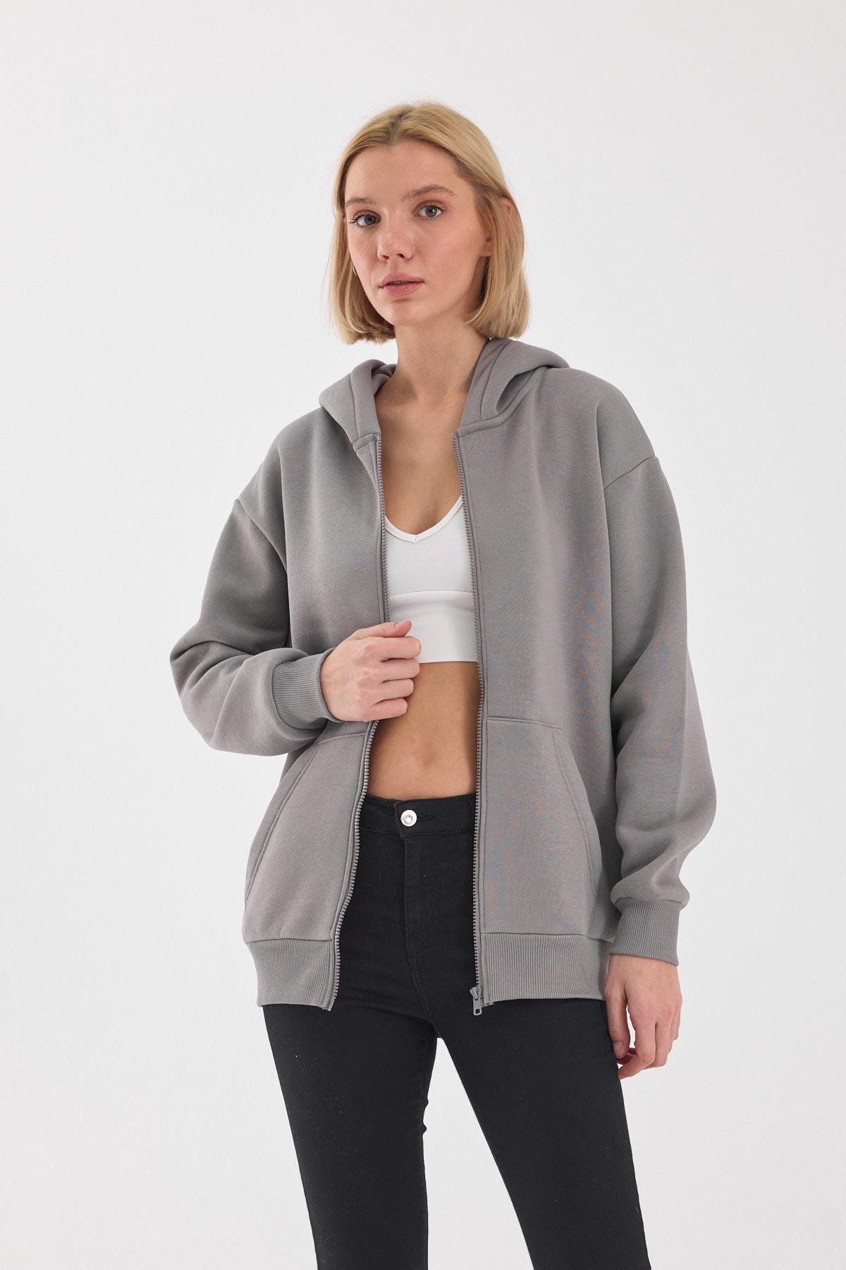 FİHA/5026-UNISEX ŞARDONLU OVERSIZE FERMUARLI KAPŞONLU SWEAT - GRİ