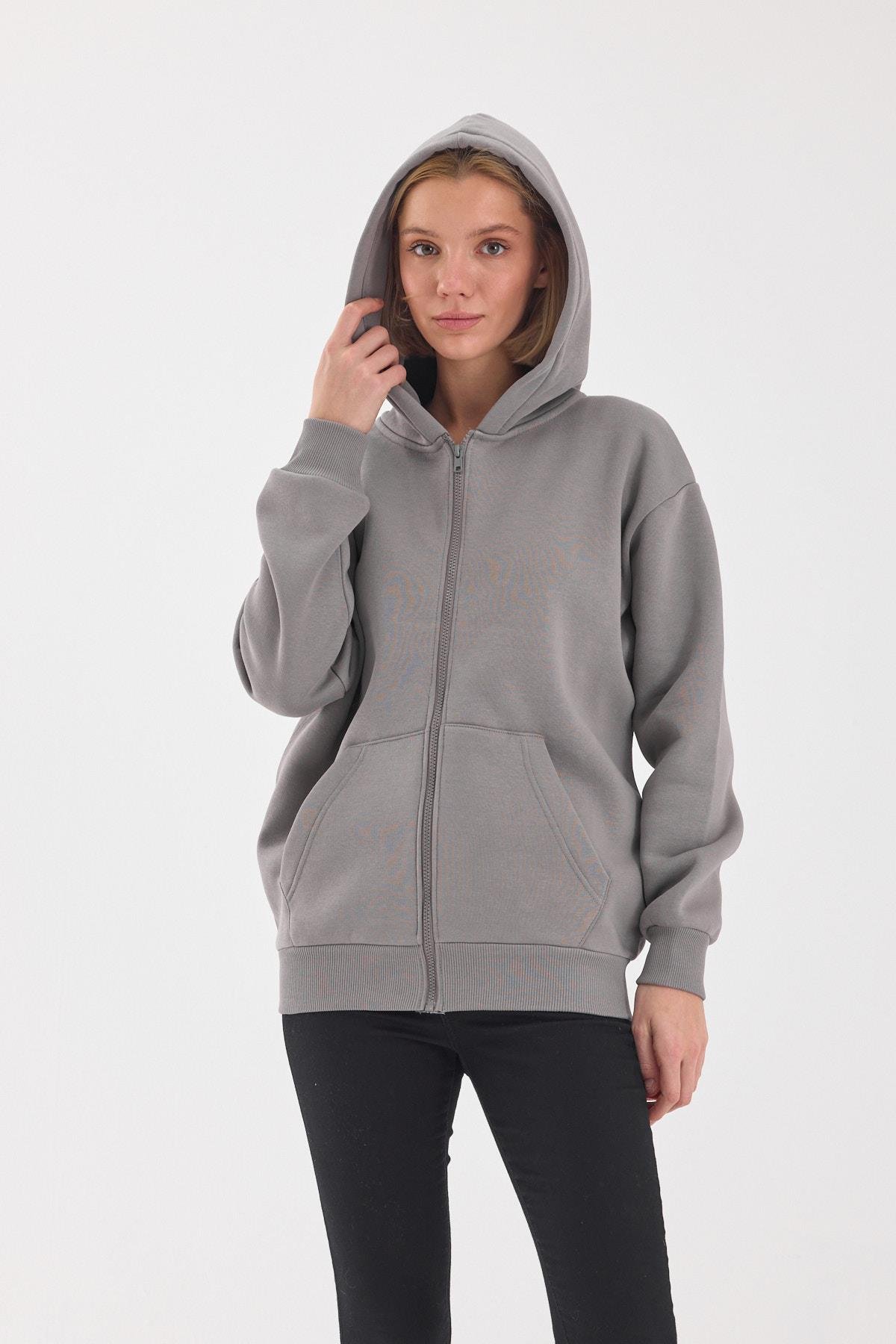 FİHA/5026-UNISEX ŞARDONLU OVERSIZE FERMUARLI KAPŞONLU SWEAT - GRİ