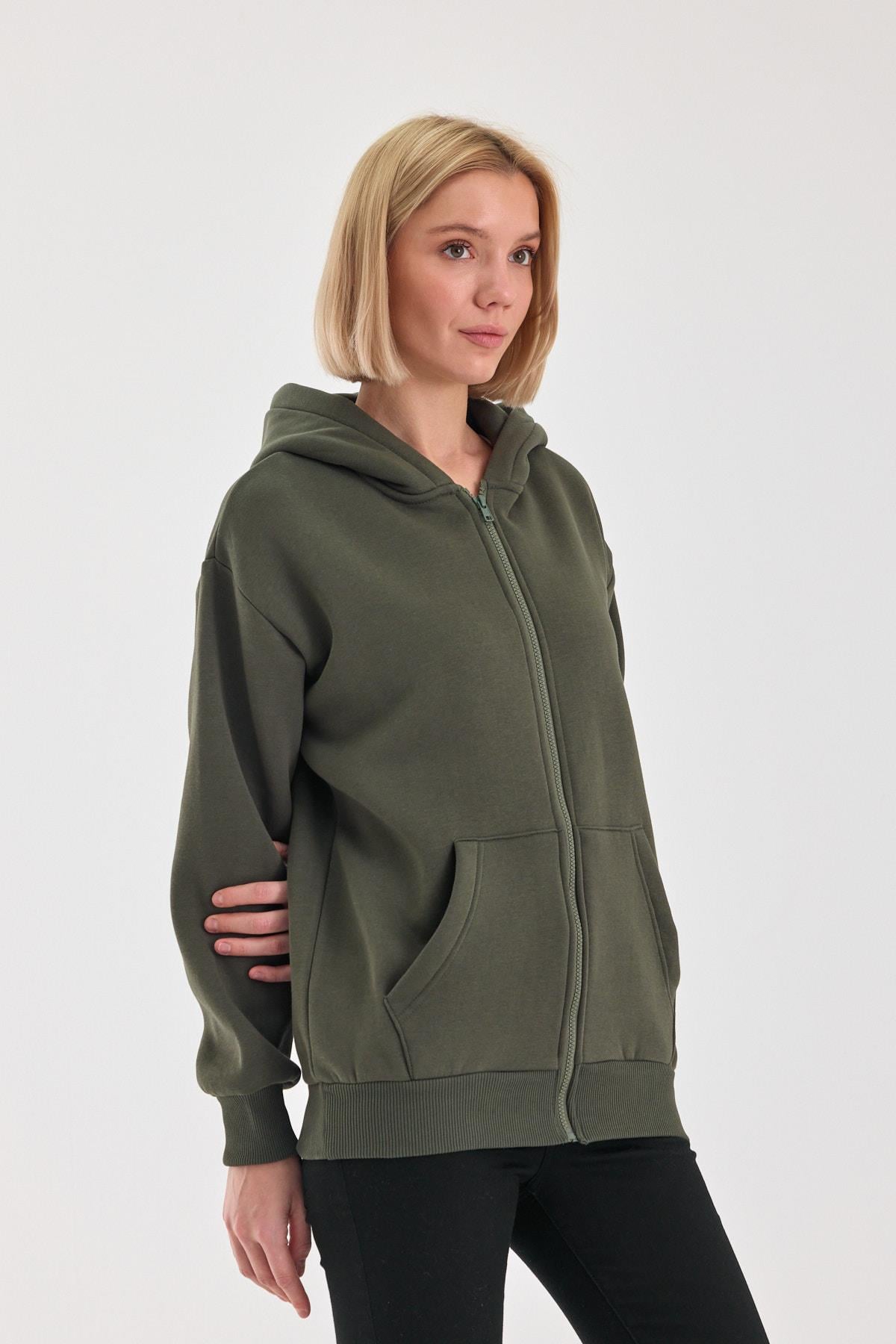 FİHA/5026-UNISEX ŞARDONLU OVERSIZE FERMUARLI KAPŞONLU SWEAT - HAKİ