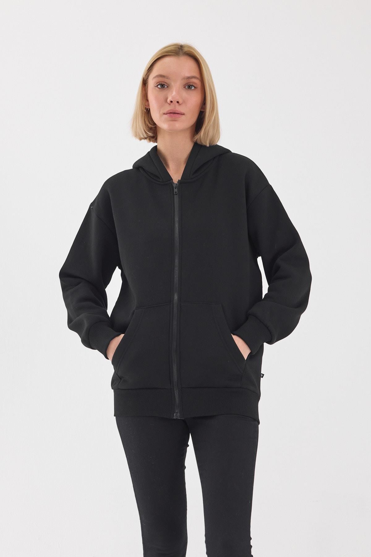 FİHA/5026-UNISEX ŞARDONLU OVERSIZE FERMUARLI KAPŞONLU SWEAT - SİYAH