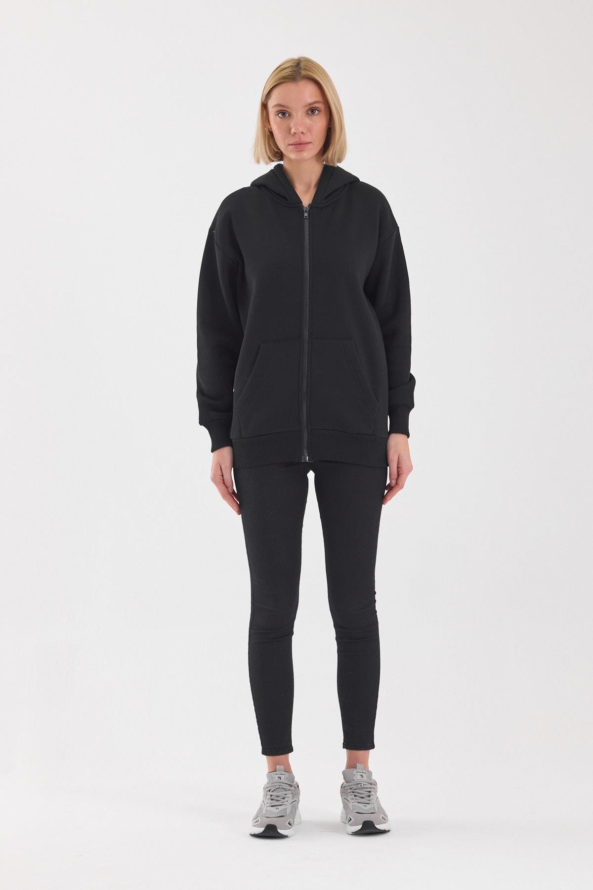 FİHA/5026-UNISEX ŞARDONLU OVERSIZE FERMUARLI KAPŞONLU SWEAT - SİYAH
