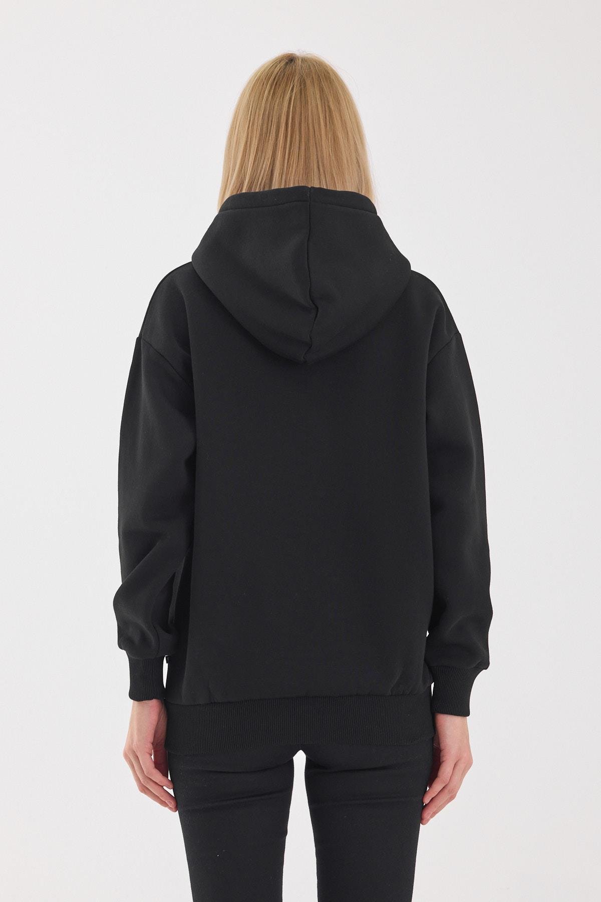 FİHA/5026-UNISEX ŞARDONLU OVERSIZE FERMUARLI KAPŞONLU SWEAT - SİYAH