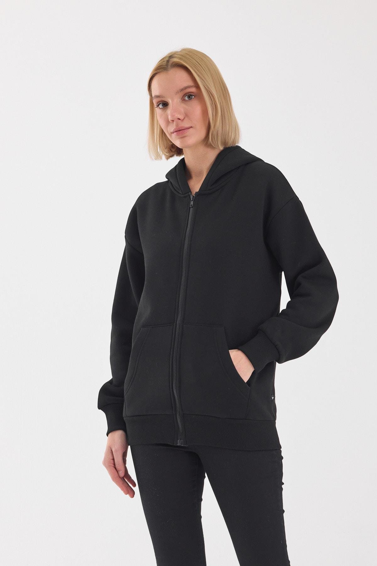 FİHA/5026-UNISEX ŞARDONLU OVERSIZE FERMUARLI KAPŞONLU SWEAT - SİYAH