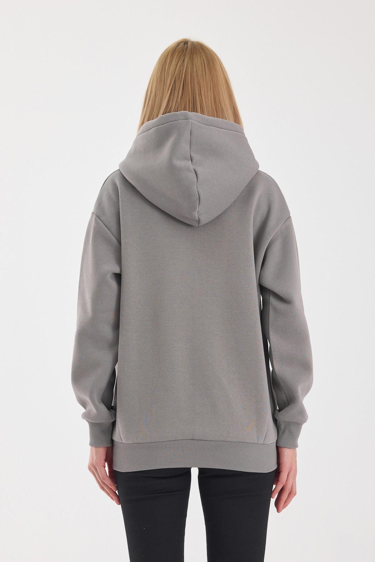 FİHA/5026-UNISEX ŞARDONLU OVERSIZE FERMUARLI KAPŞONLU SWEAT - GRİ