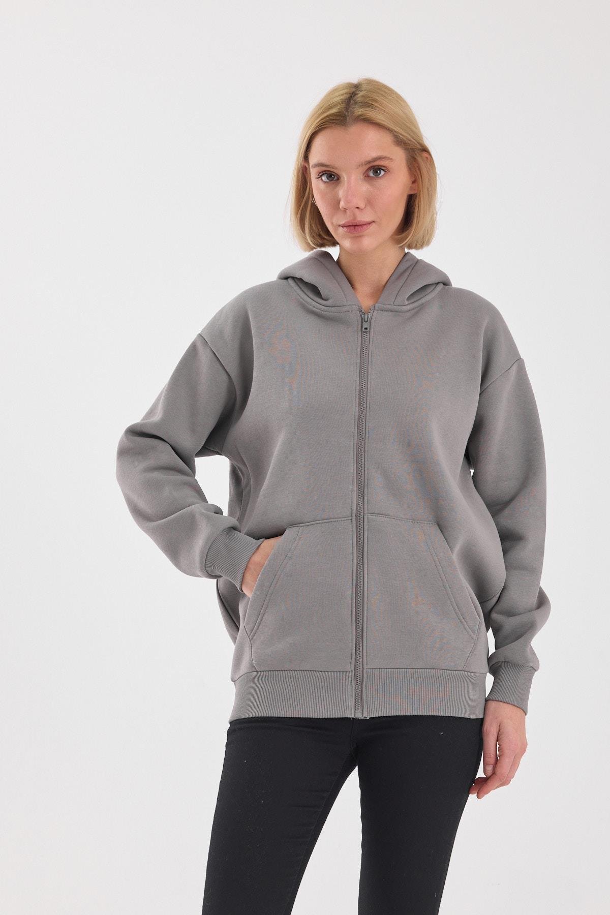 FİHA/5026-UNISEX ŞARDONLU OVERSIZE FERMUARLI KAPŞONLU SWEAT - GRİ