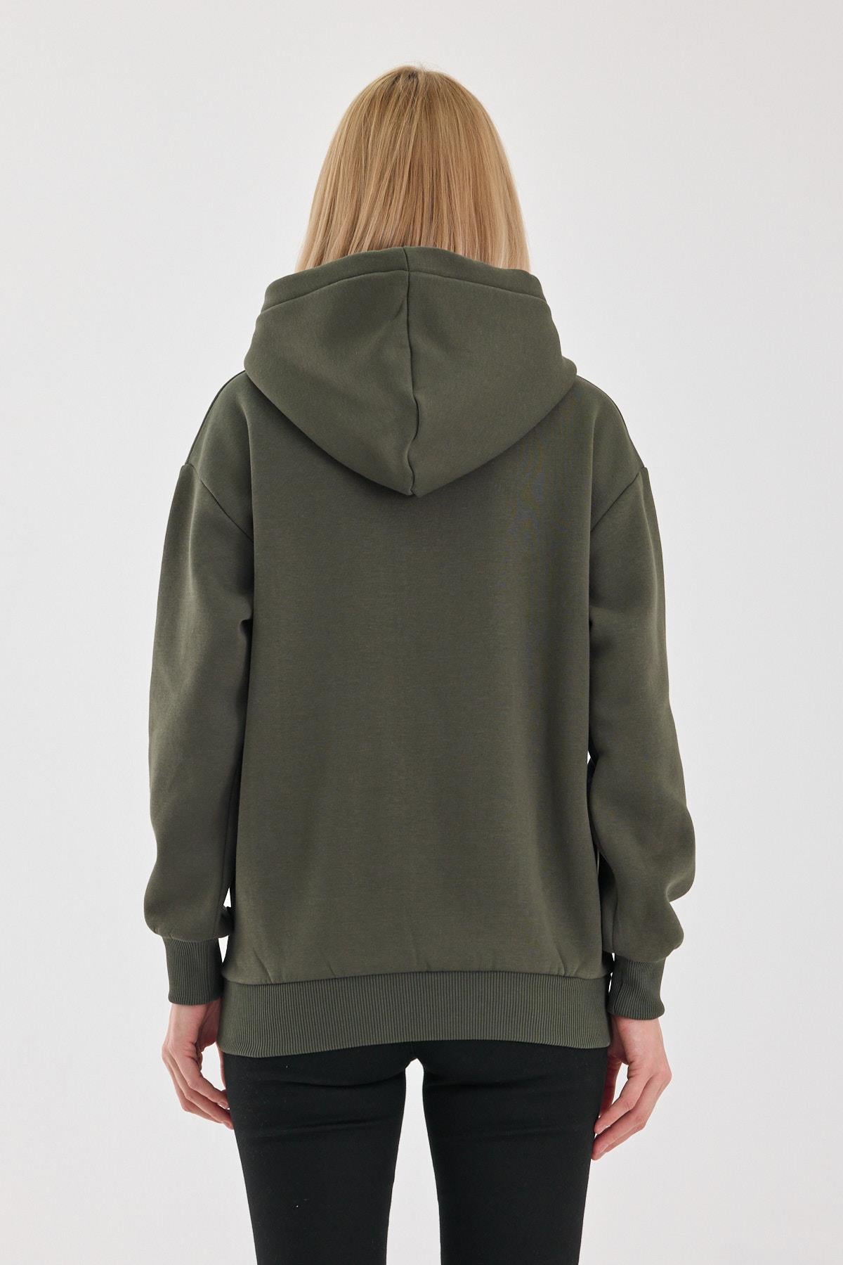 FİHA/5026-UNISEX ŞARDONLU OVERSIZE FERMUARLI KAPŞONLU SWEAT - HAKİ