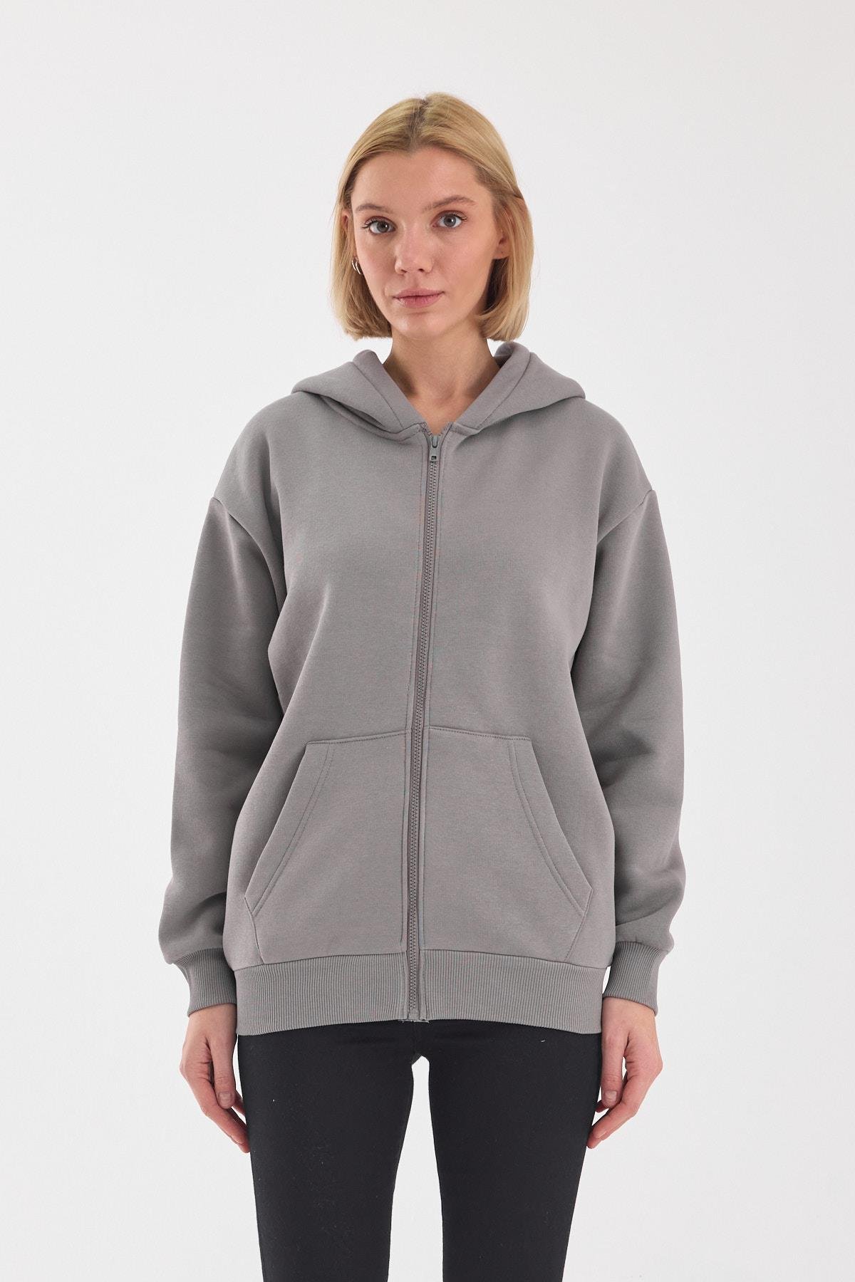 FİHA/5026-UNISEX ŞARDONLU OVERSIZE FERMUARLI KAPŞONLU SWEAT - GRİ