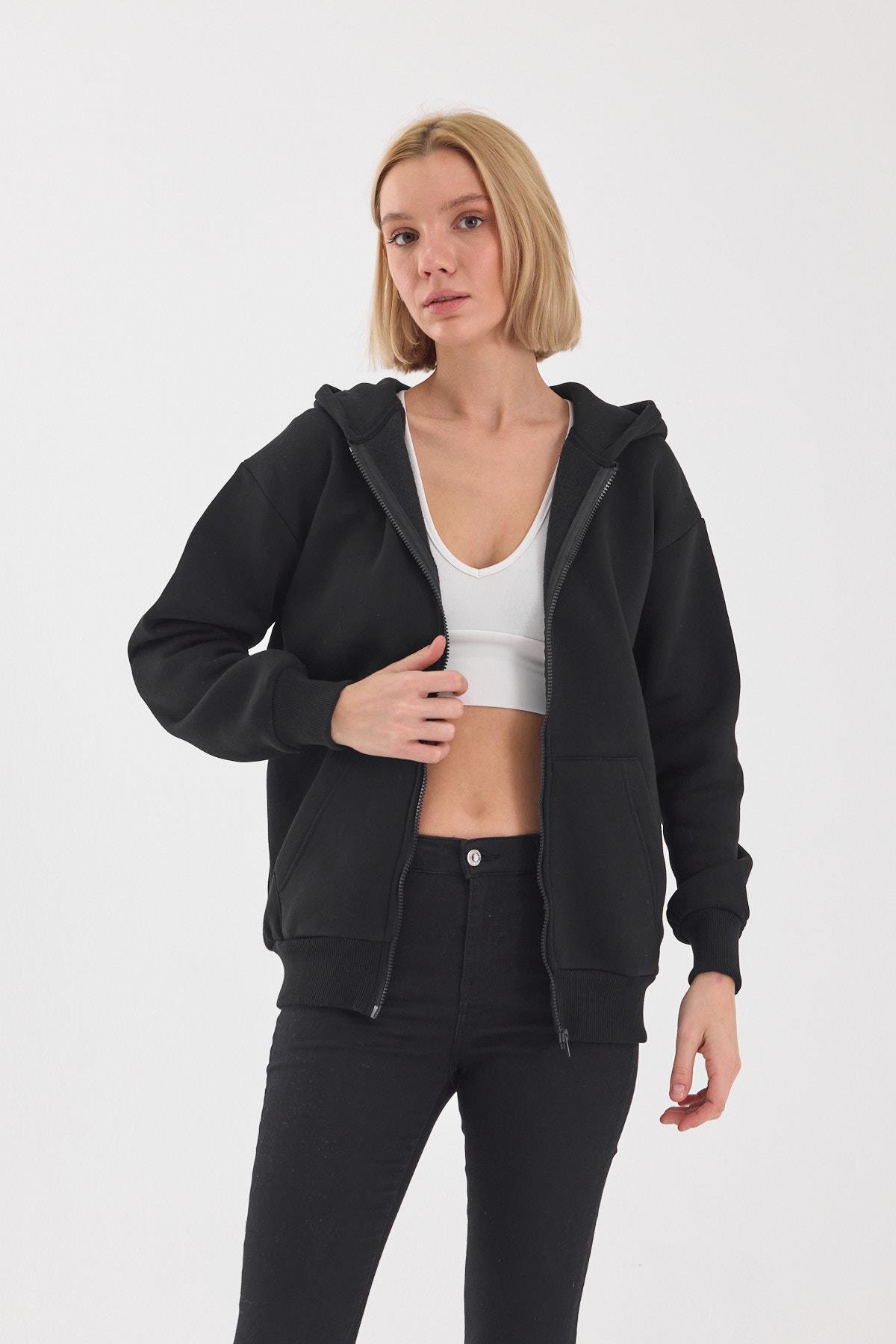 FİHA/5026-UNISEX ŞARDONLU OVERSIZE FERMUARLI KAPŞONLU SWEAT - SİYAH