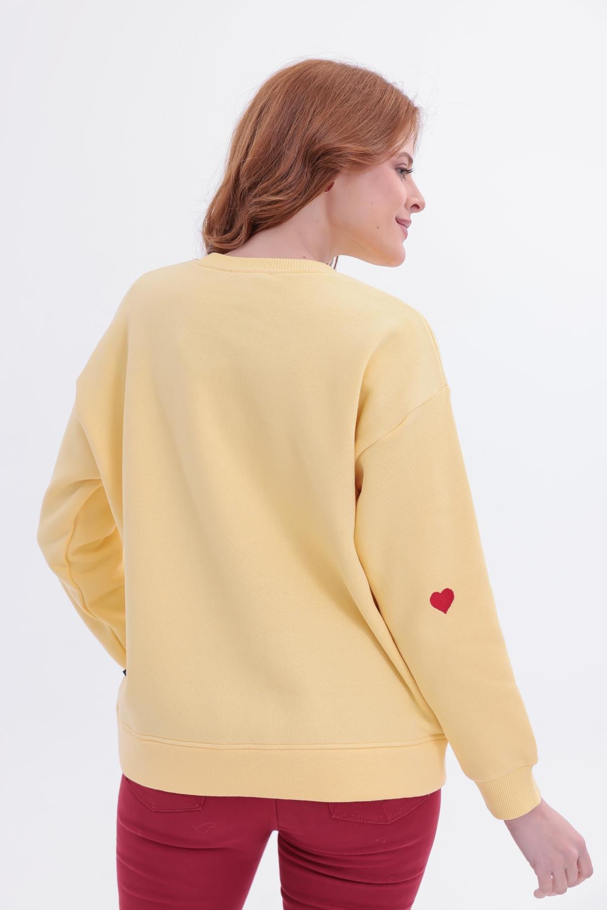 FİHA/5031-KADIN NAKIŞLI 3 İPLİK ŞARDONLU SWEAT - SARI