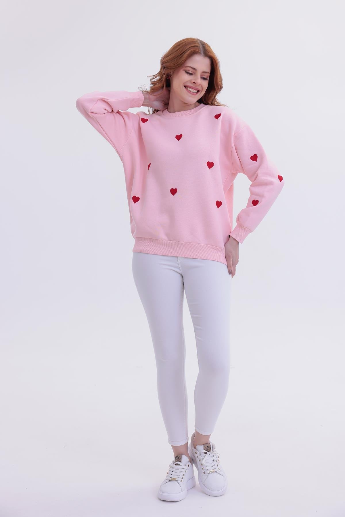 FİHA/5031-KADIN NAKIŞLI 3 İPLİK ŞARDONLU SWEAT - PEMBE