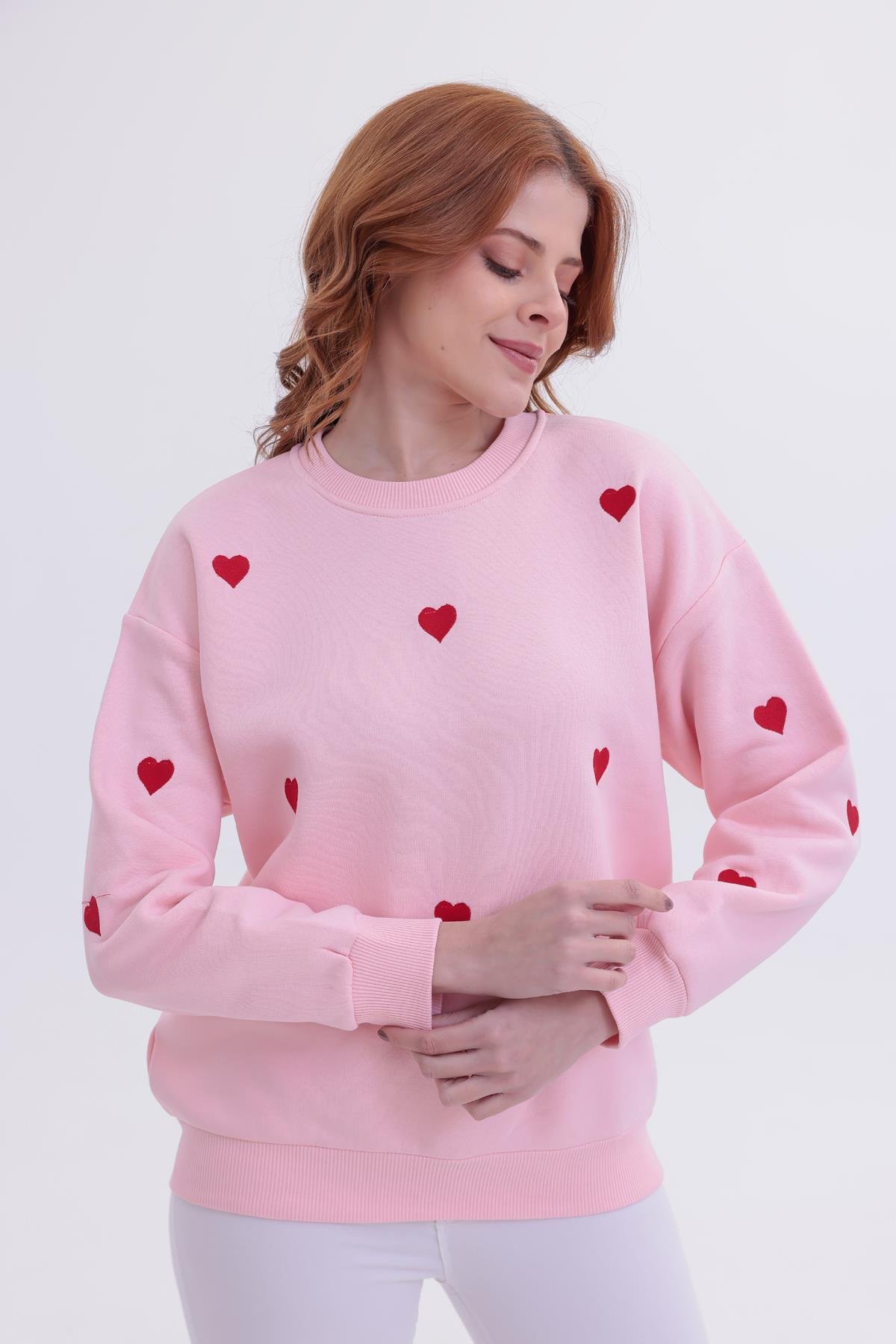 FİHA/5031-KADIN NAKIŞLI 3 İPLİK ŞARDONLU SWEAT - PEMBE