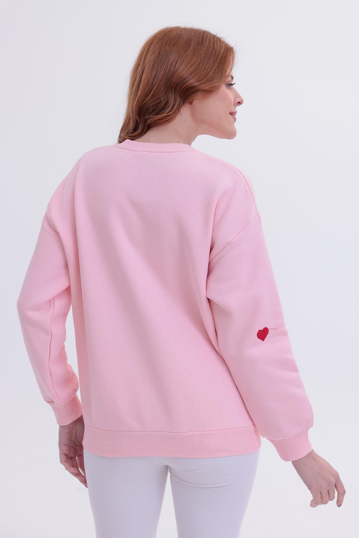 FİHA/5031-KADIN NAKIŞLI 3 İPLİK ŞARDONLU SWEAT - PEMBE