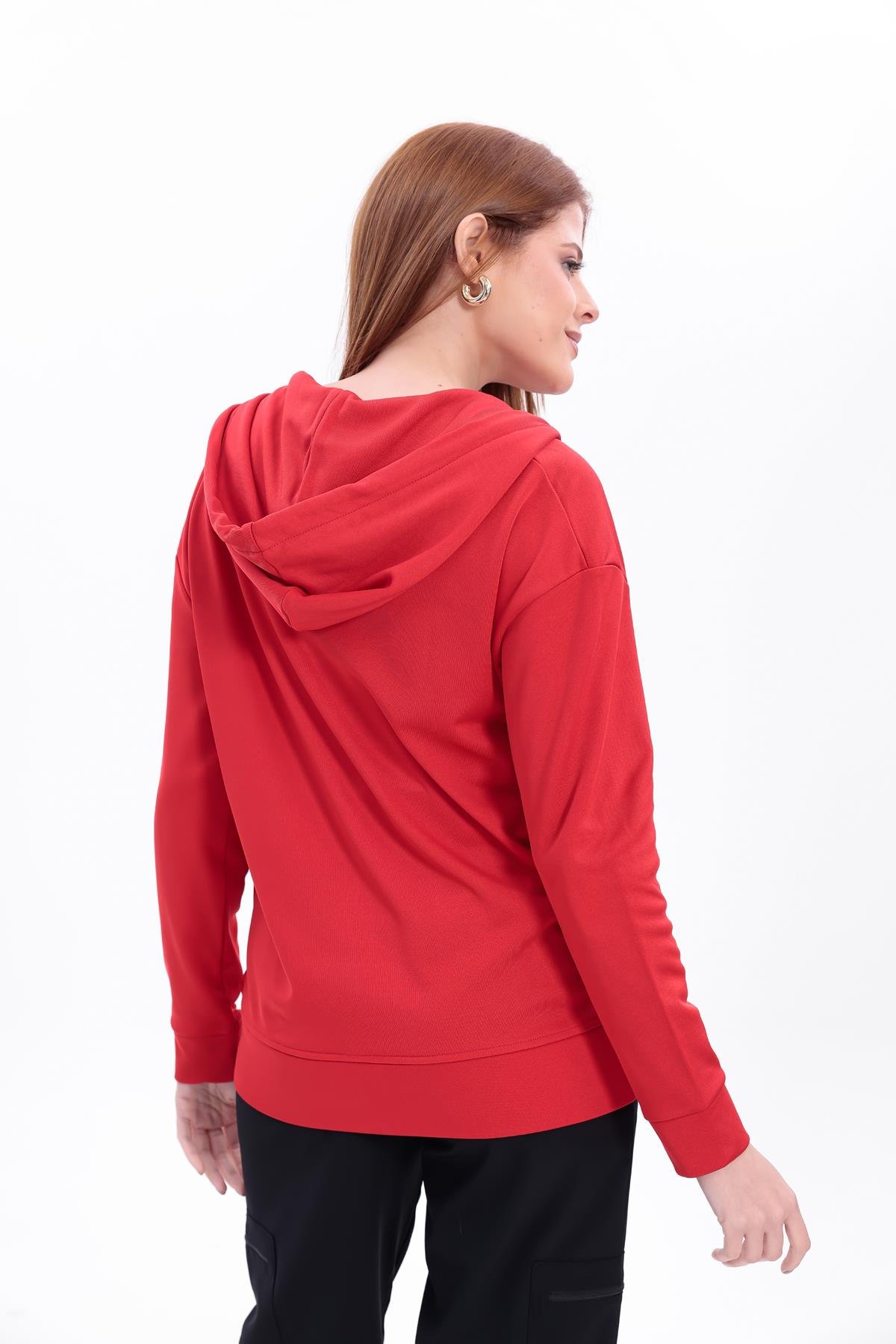 FİHA/5033-AKAT FERMUARLI KAPŞONLU SWEAT - KIRMIZI