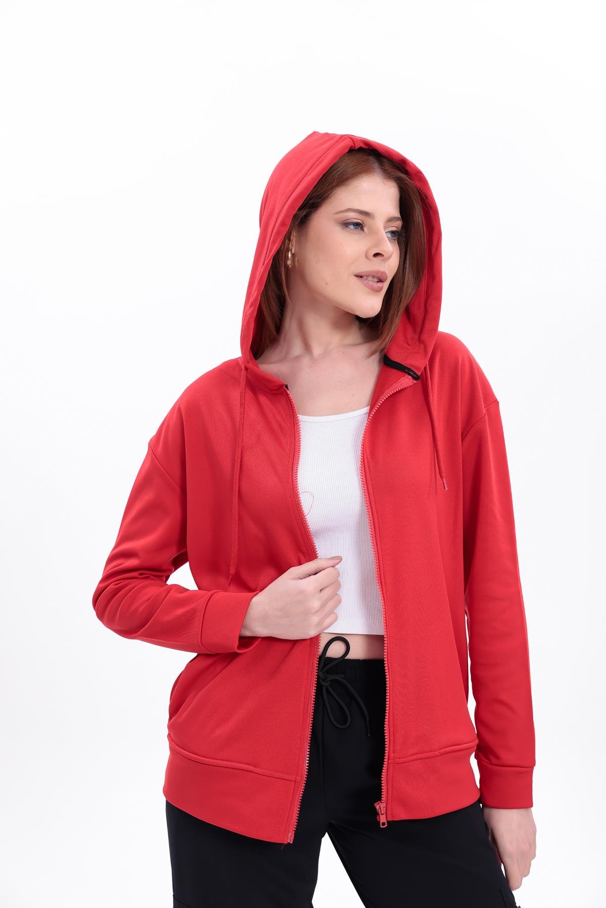 FİHA/5033-AKAT FERMUARLI KAPŞONLU SWEAT - KIRMIZI